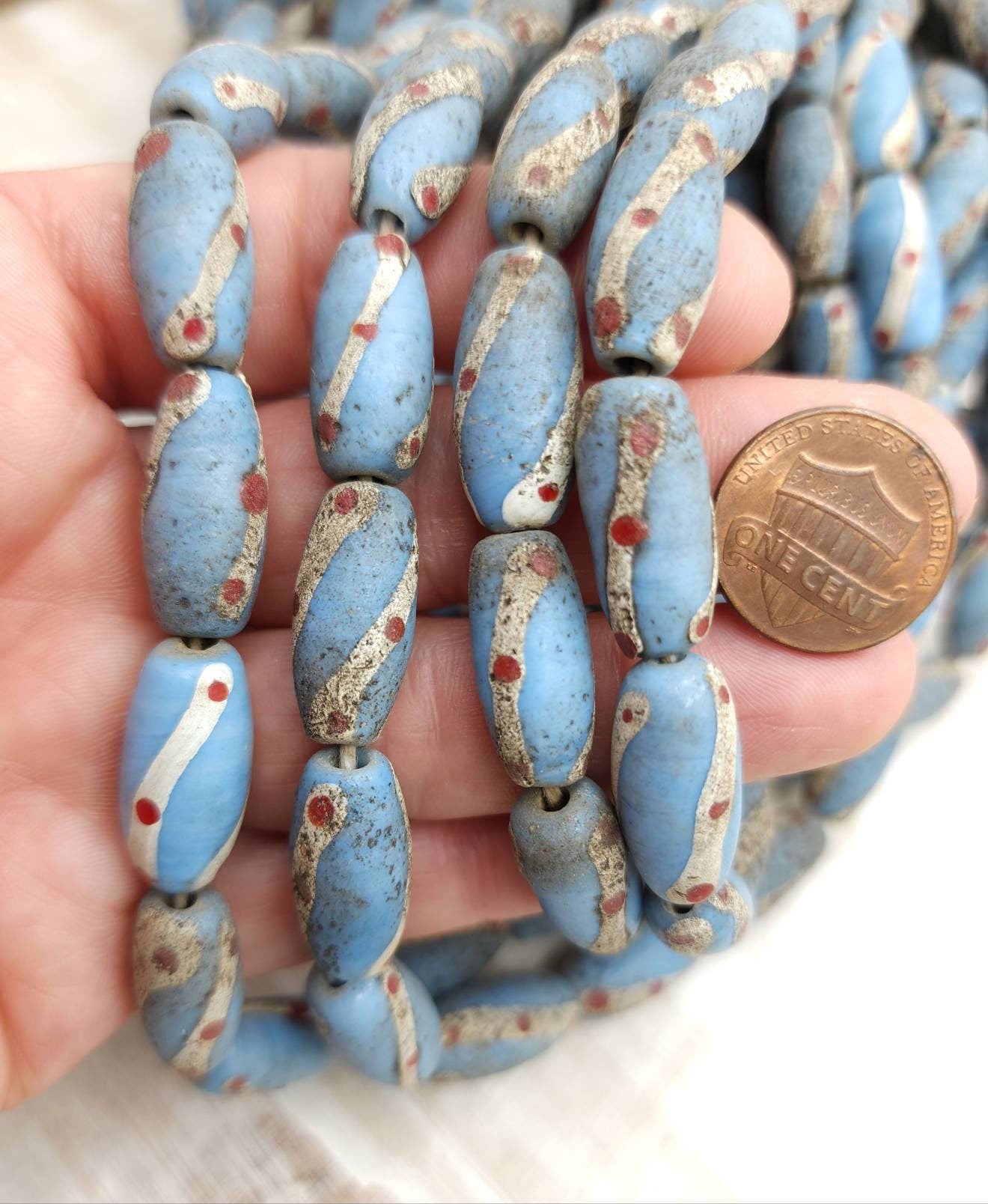 Sky Blue Glass Beads With Rustic Accent Made by Indonesian Artisans /Java / 10 Beads 18-20mm x 10mm /Jewelry Supplies / Vintage / Venetian /