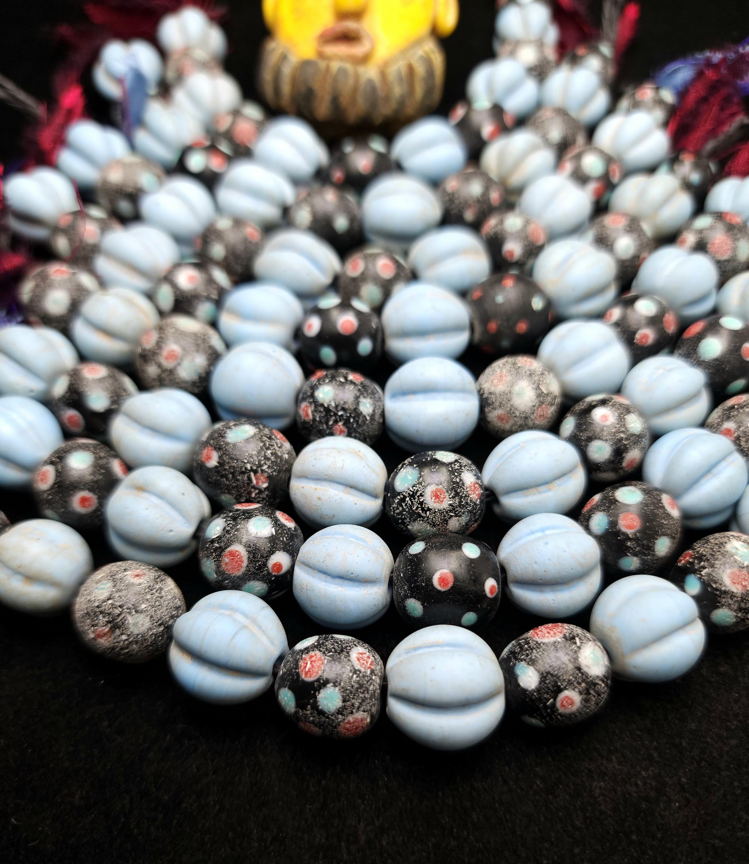 Variable Strand of Pumpkin Beads and Eye Beads 11-14mm [12 Beads] Indonesian, Java, Glass Beads, Vintage, Jewelry Making Supplies.