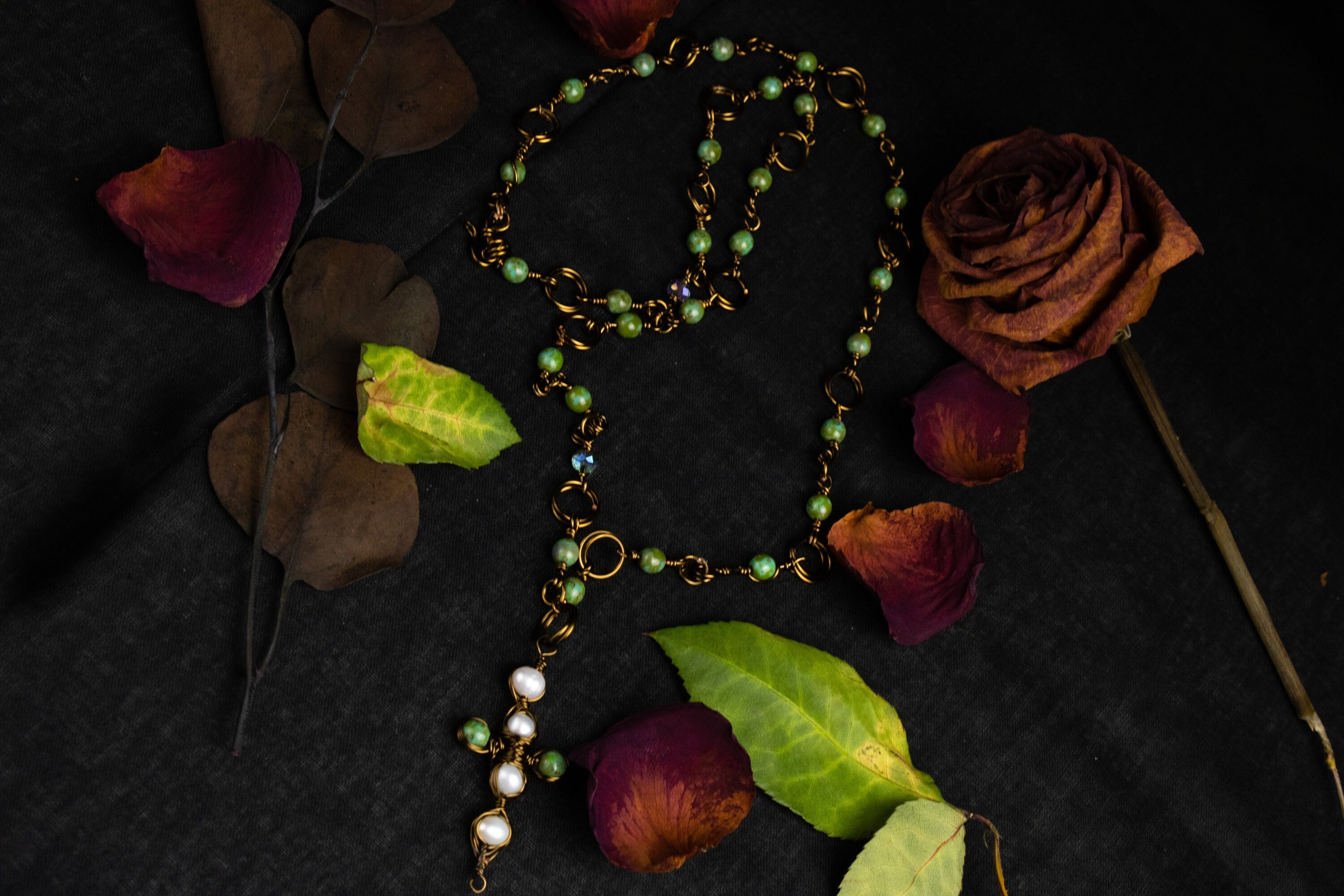 Pearls & Greens Necklace | Copper | Pearls | Rosary| Crystal