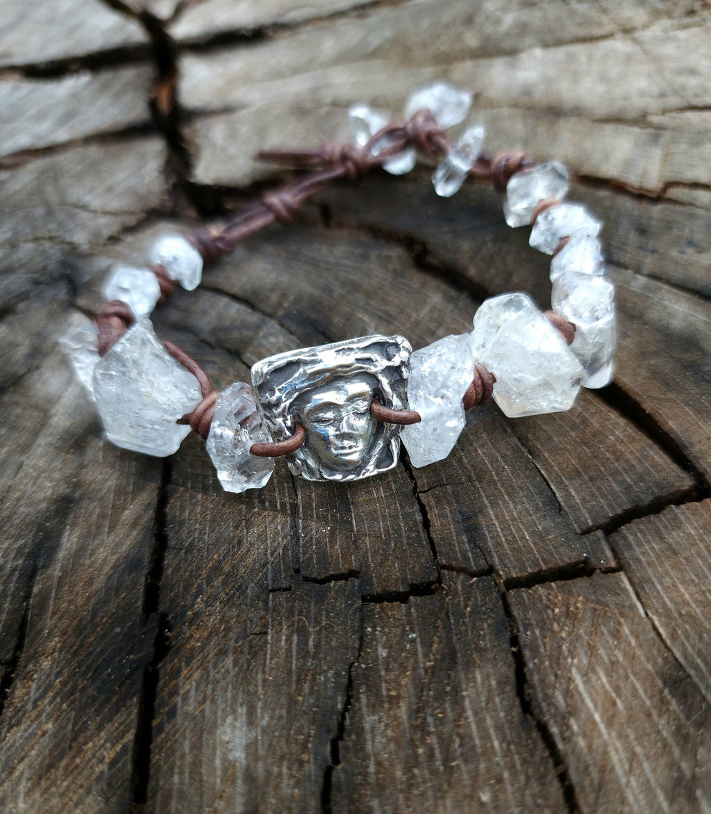 Sterling Silver .99 Medusa Bracelet / High Quality Leather Bracelet With Herkimer Raw Diamonds / Gift For Him Or Her.
