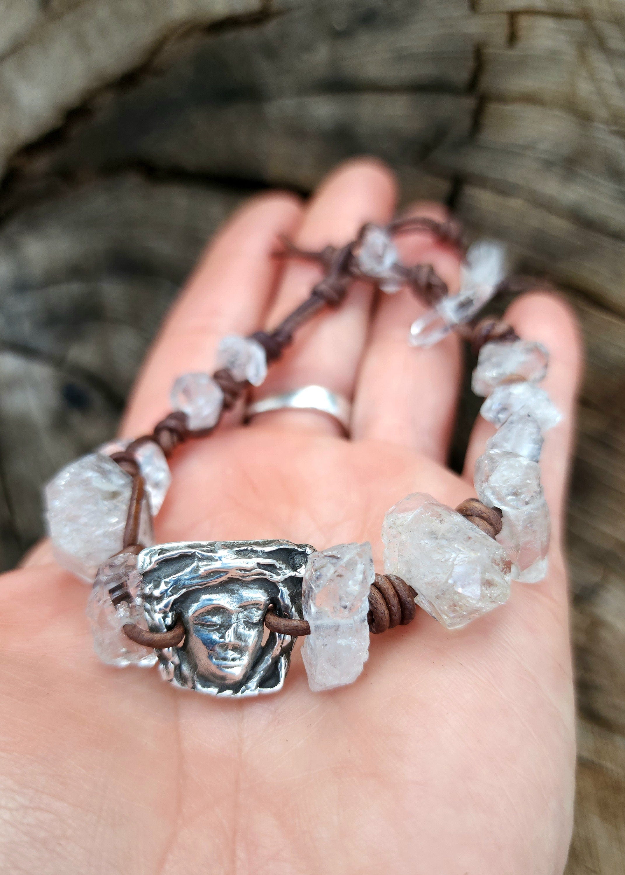 Sterling Silver .99 Medusa Bracelet / High Quality Leather Bracelet With Herkimer Raw Diamonds / Gift For Him Or Her.
