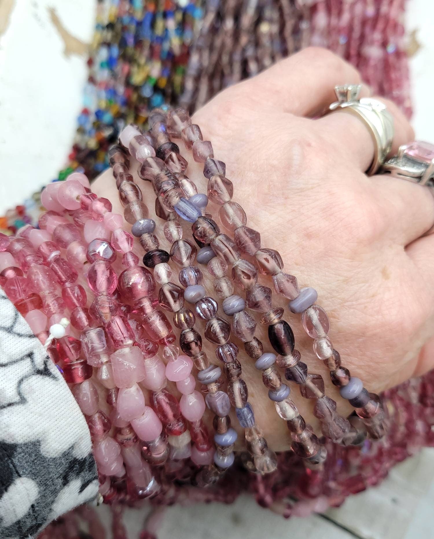 Lot Of 3 Strands 34-36" Inches Each Strand / Glass Beads / Pink / Lilac / Multicolor / Jewelry Supplies / Rosary.