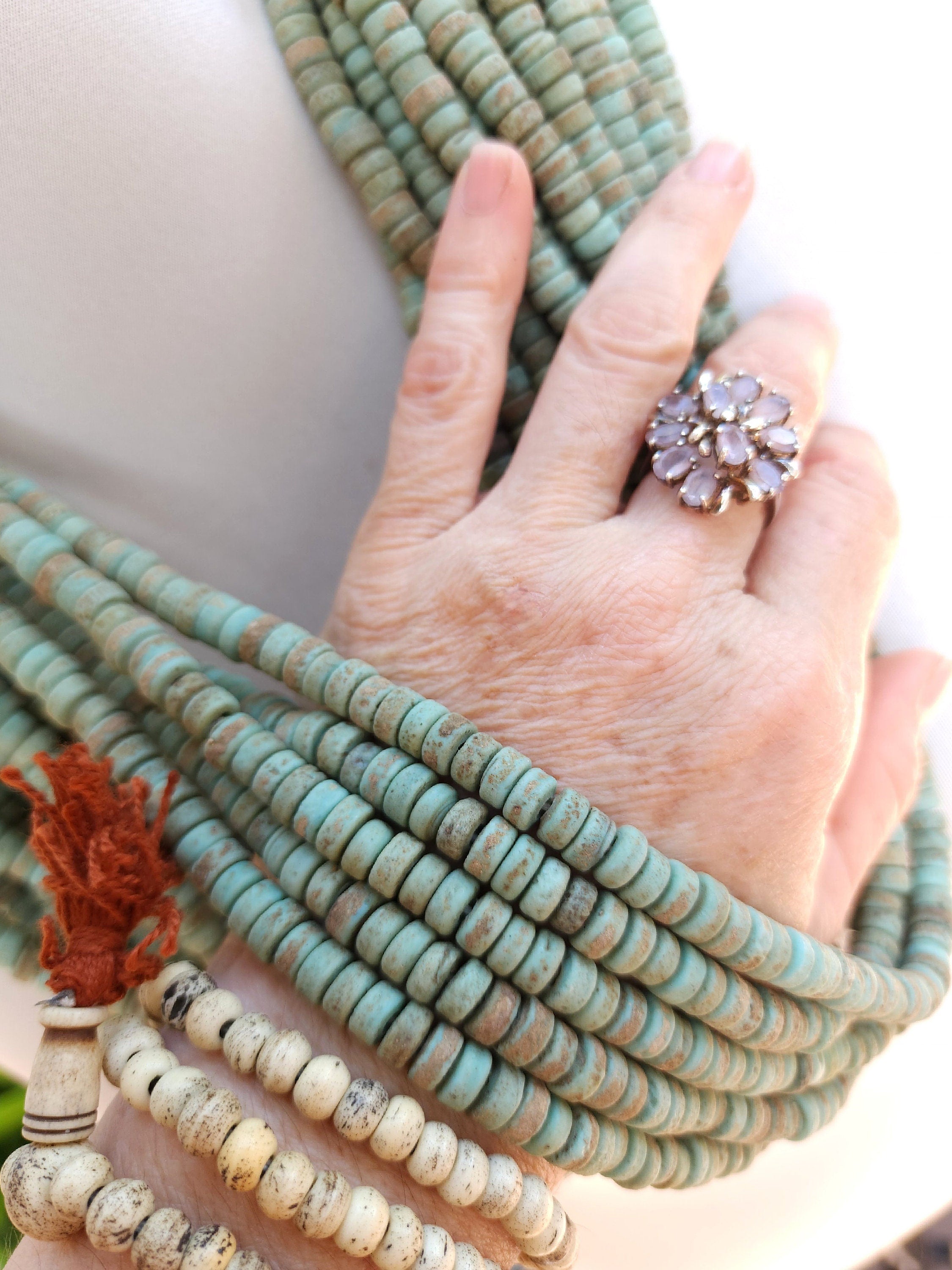 Pistachio Green Beads With Antique Rustic Accent / Handmade From Indonesia / 7-8mm 10"Long Strand / Java /Tribal / Jewelry Supplies.