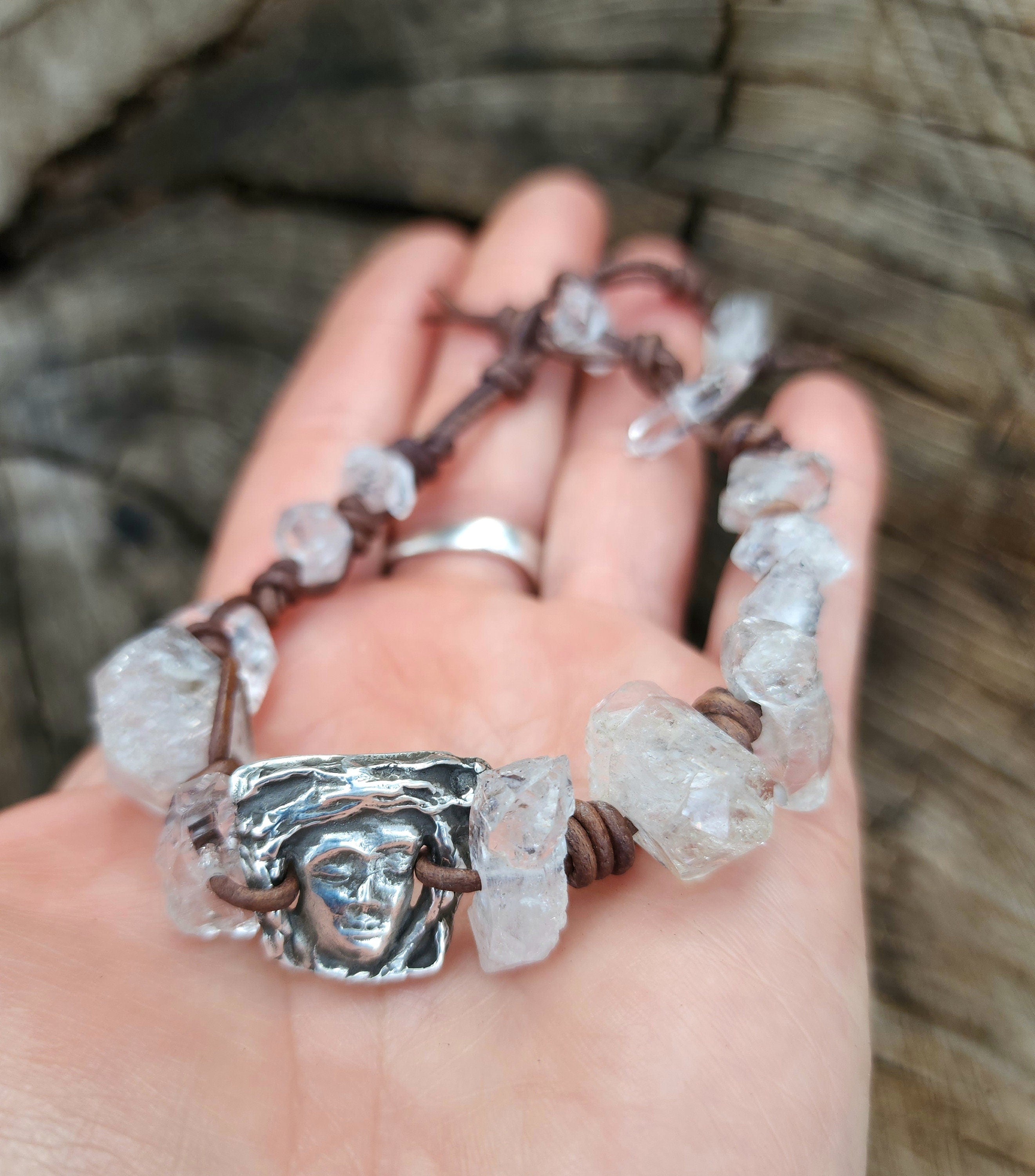 Sterling Silver .99 Medusa Bracelet / High Quality Leather Bracelet With Herkimer Raw Diamonds / Gift For Him Or Her.