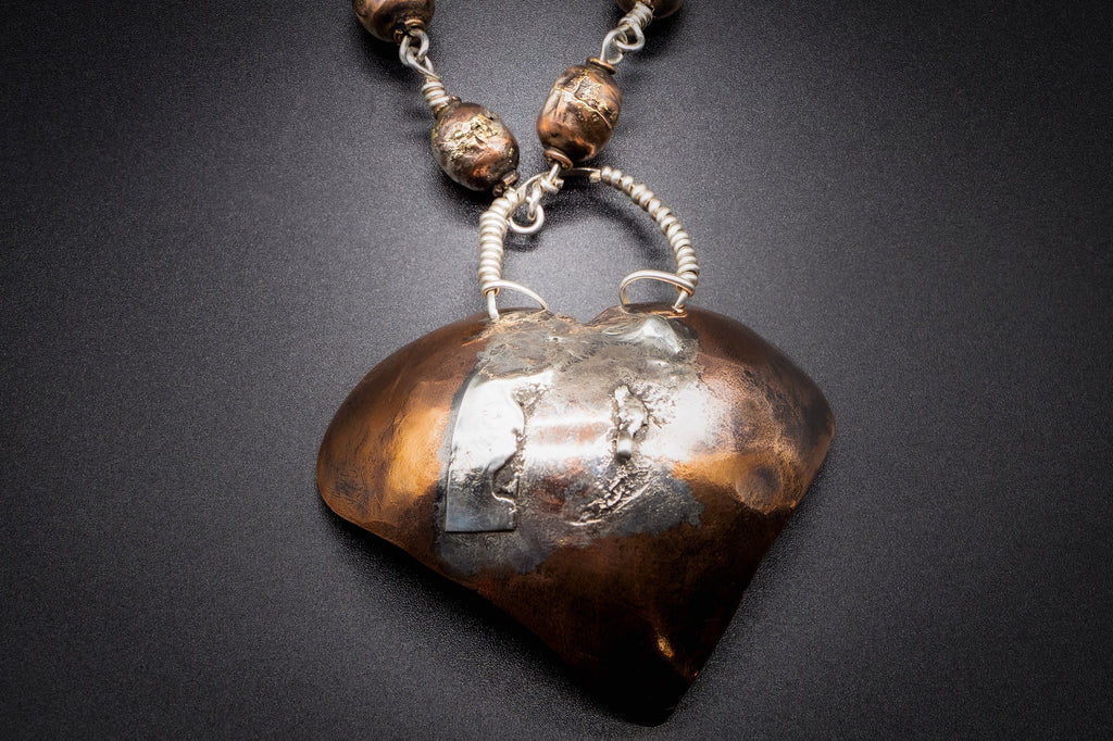 925 Silver, Silver cross- copper heart, Copper necklace 15"