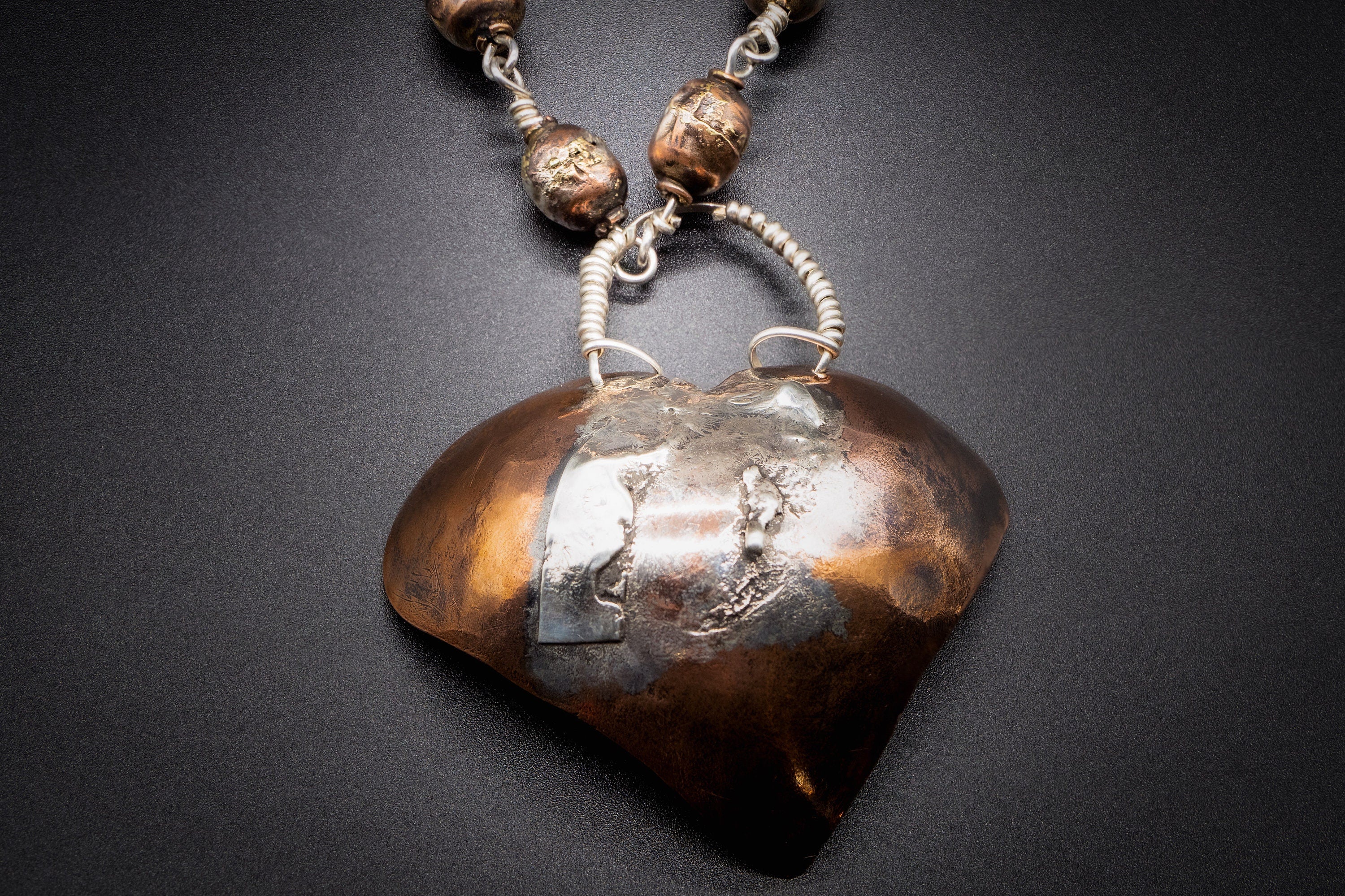 925 Silver, Silver cross- copper heart, Copper necklace 15"