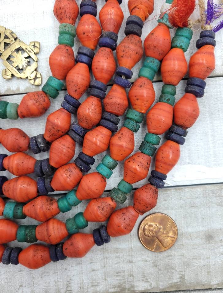Red Glass Bicone Beads From Thailand With Antique Rustic Accent /10"Long Strand 15-17mm X 11-13mm Ring Beads 6mm / Indonesia Beads /Java /