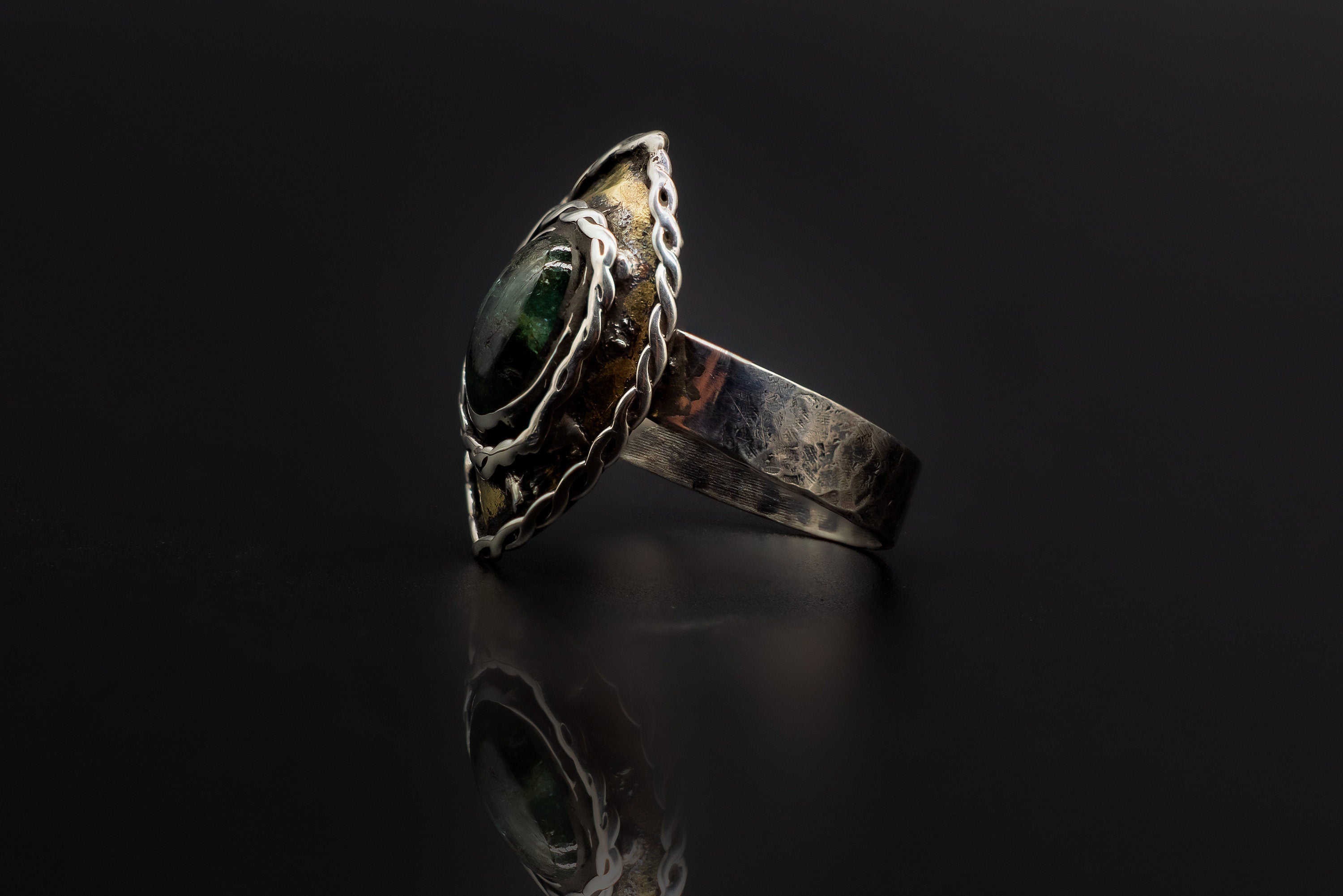 Ring Size 10 925 Sterling Silver, Golden Brass, And Authentic Natural Emerald Ring