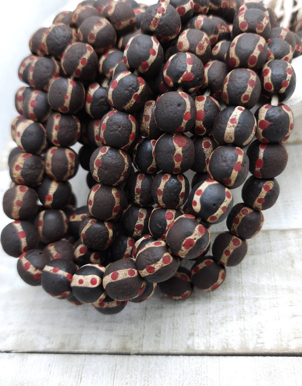 Dark Brown Glass Beads with Old Rustic Accent  12-13mmx12-13mm 12 Beads Per Strand / Jewelry Supplies / Java / Indonesia / Tribal / Ethnic