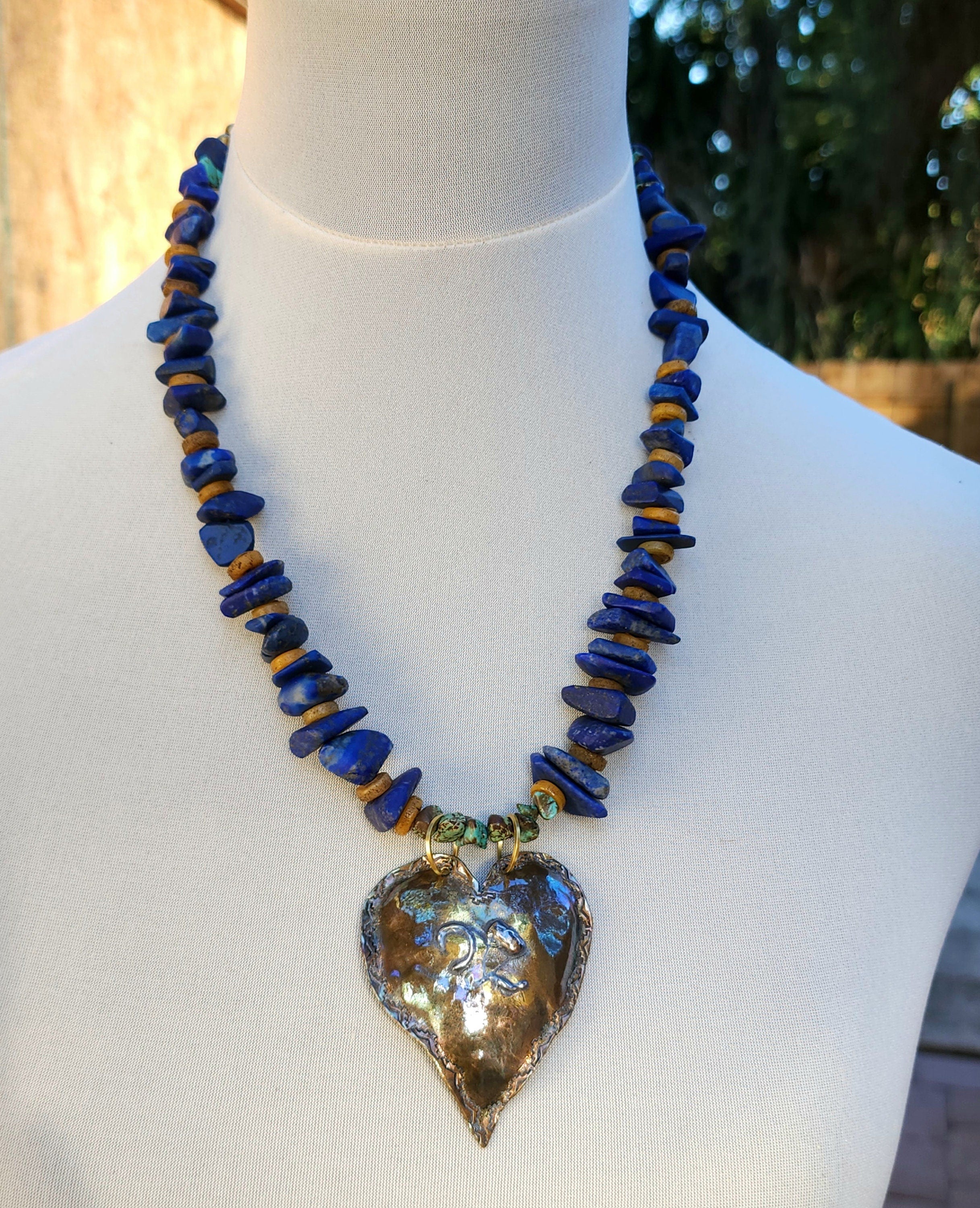 Beautiful Hand Hammered Brass and 925 Silver Heart Necklace Genuine Lapis Lazuli 14" Long / Best Gift For Who You Love / Handmade Jewelry.