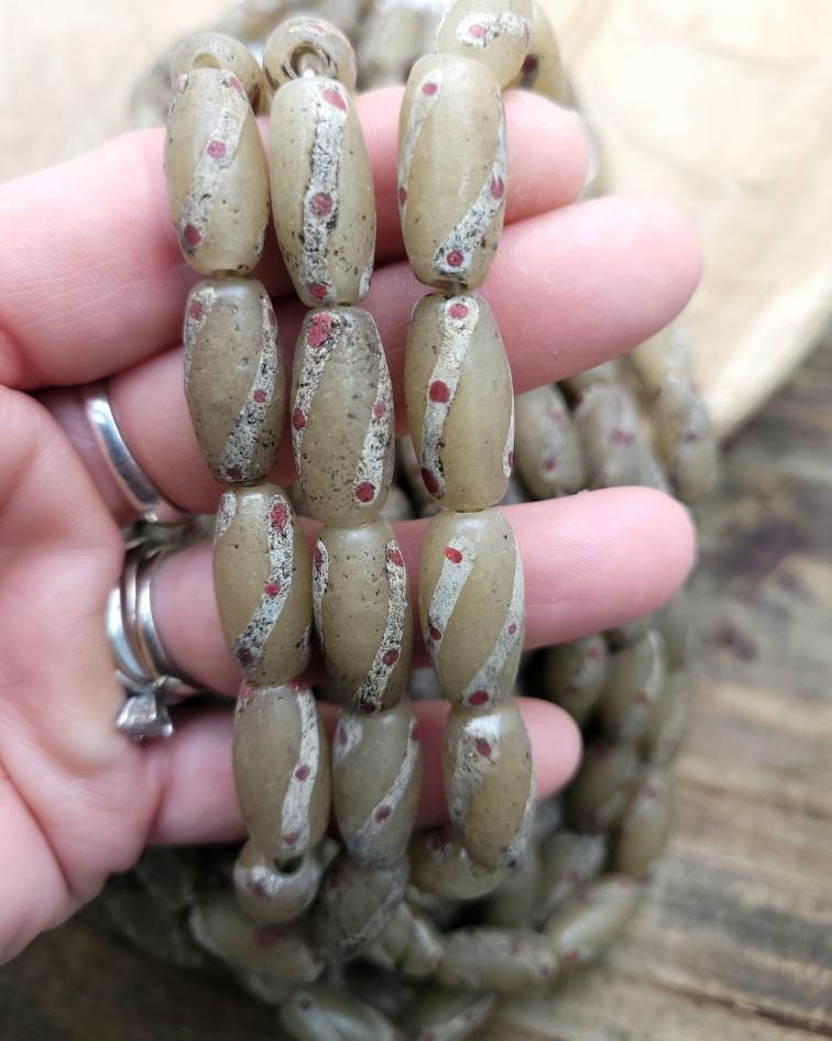 Old Accent Glass Beads Made By Thai Artisan Hands / Indonesian Beads / Java / 10 Beads 18-20mm x 10mm / Jewelry Making Supplies / Vintage