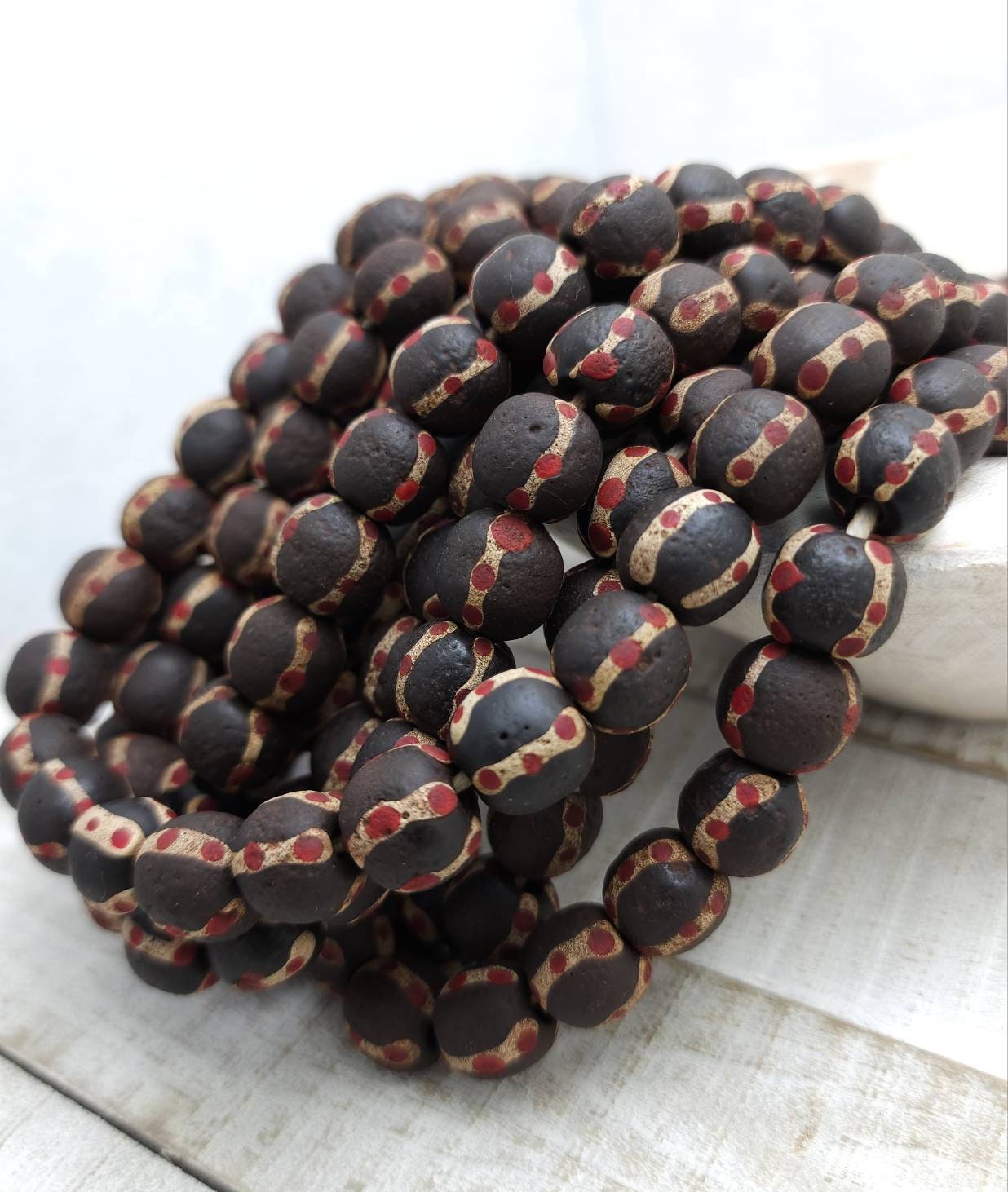 Dark Brown Glass Beads with Old Rustic Accent  12-13mmx12-13mm 12 Beads Per Strand / Jewelry Supplies / Java / Indonesia / Tribal / Ethnic