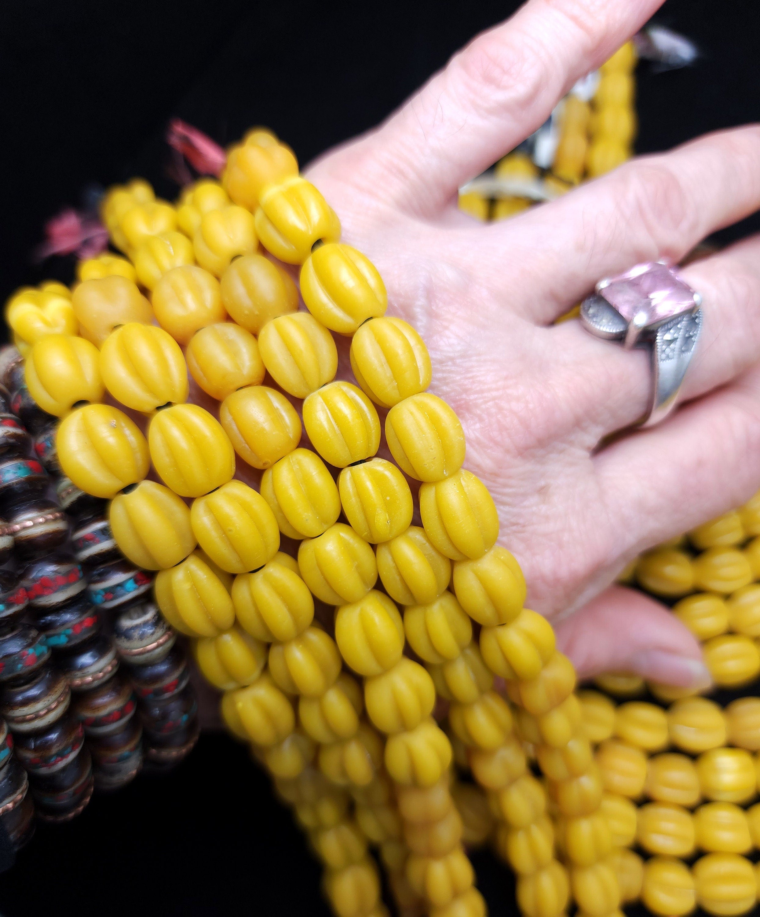10mm+ Yellow Melon Shaped Beads [20] Indonesian Glass Beads, Java, Pumpkin Beads, Jewelry Making Supplies, Craft.