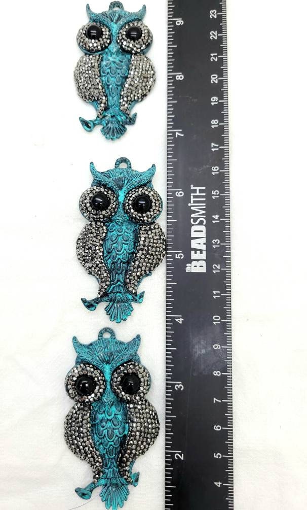 Beautiful Micro Pave Iron Owl Pendant With Teal Patina 68mm high x 37mm wide / Jewelry Supplies.