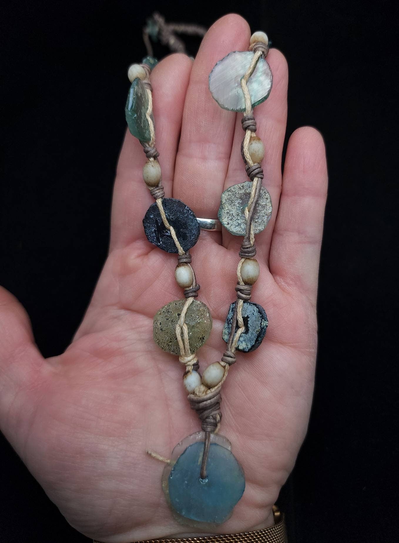 Leather Necklace / Authentic Ancient Roman Glass Fragments .