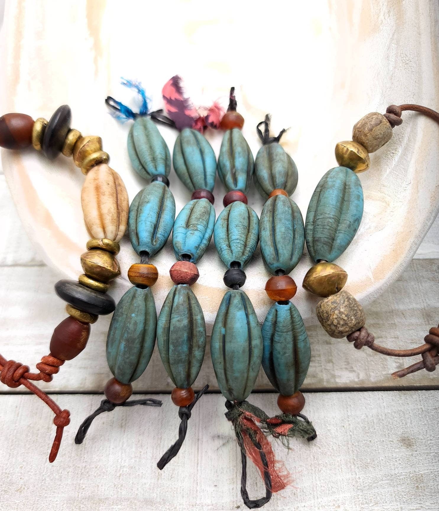 Large Oval Turquoise Blue Stained Old Rustic Glass Melons Beads  / Indonesian / 3 Beads 23-26mm  Jewelry Supplies /Java