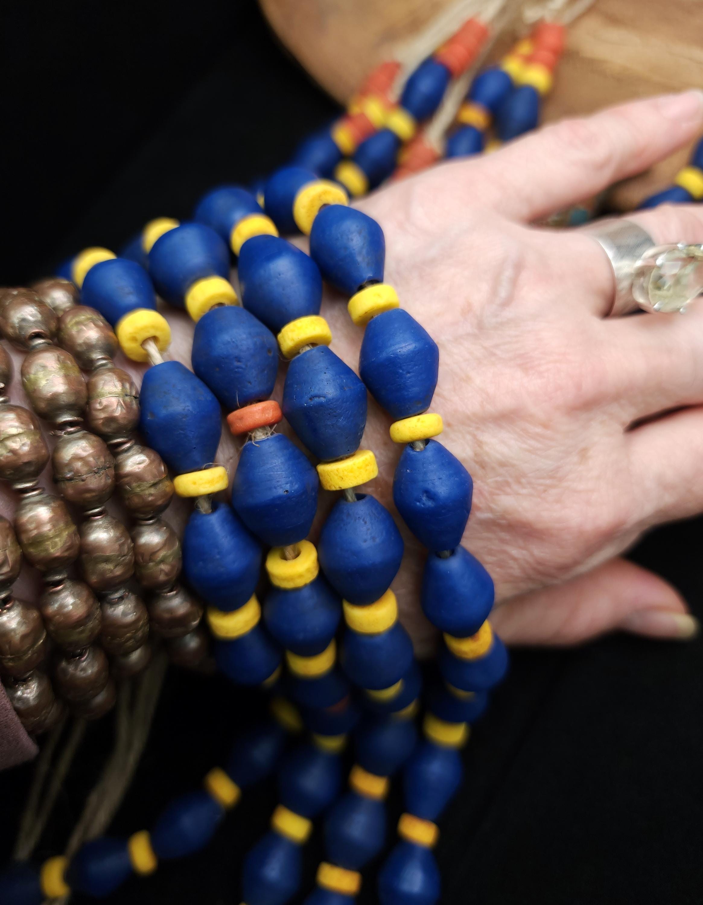 Full Strand 13-14" Blue Bicone Glass Beads 16mm, Rustic Indonesian Beads, Jewelry Making Supplies, Craft.
