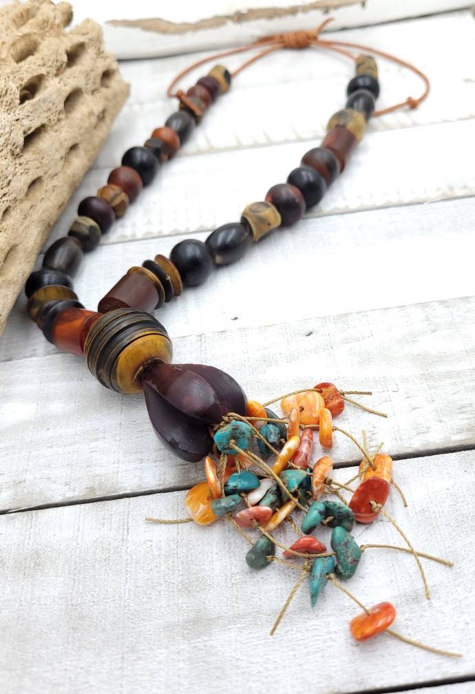 Beautiful Vintage Long Necklace Genuine Leather & Bone Beads Hand Carved  Authentic Turquoise Spiny Oyster Shell Beads / Boho Tribal Ethnic.