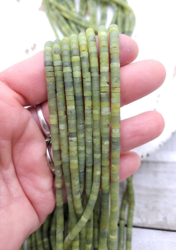 Serpentine Lemon Green Natural Jade Heishi Beads / Cylinder Heishi Beads From Afghanistan / 4 x 2-3mm Strand 15" / Jewelry Making Supplies.