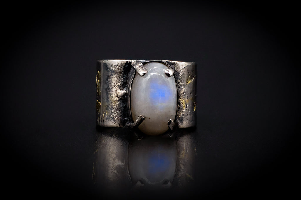 925 Sterling Silver | Rainbow Moonstone | Real 14Kt Gold Accents|Ring Size 8 1/2