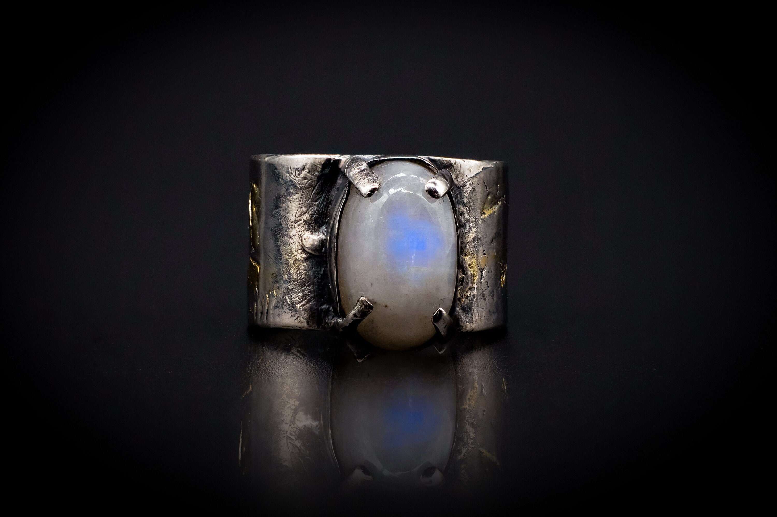 925 Sterling Silver | Rainbow Moonstone | Real 14Kt Gold Accents|Ring Size 8 1/2