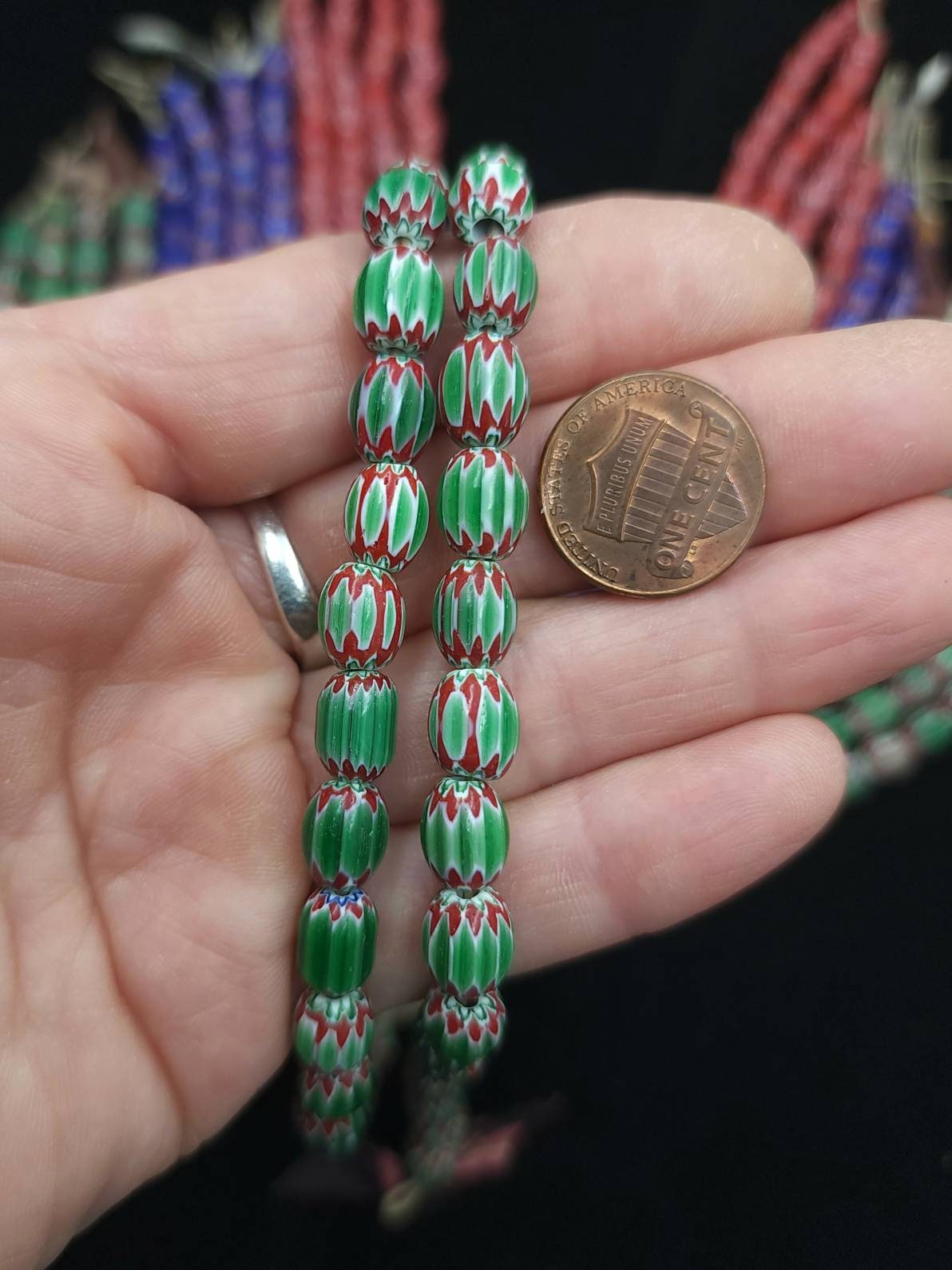 Multi-Layer India Handmade Chevron Glass Beads Choose Red, Blue Or Green / Strand 10"  30 Beads 7x9mm / Jewelry Making Supplies.