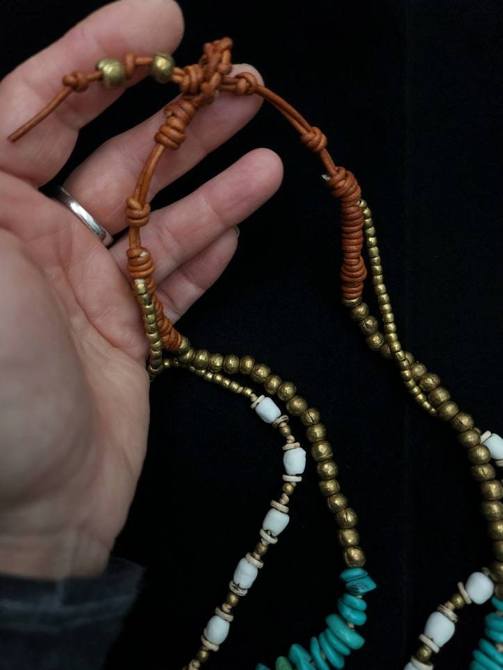 Beautiful Double Necklace With Synthetic Turquoises, African Brass Beads, Corded Genuine Leather / Necklace Length 14.5" With Option +.