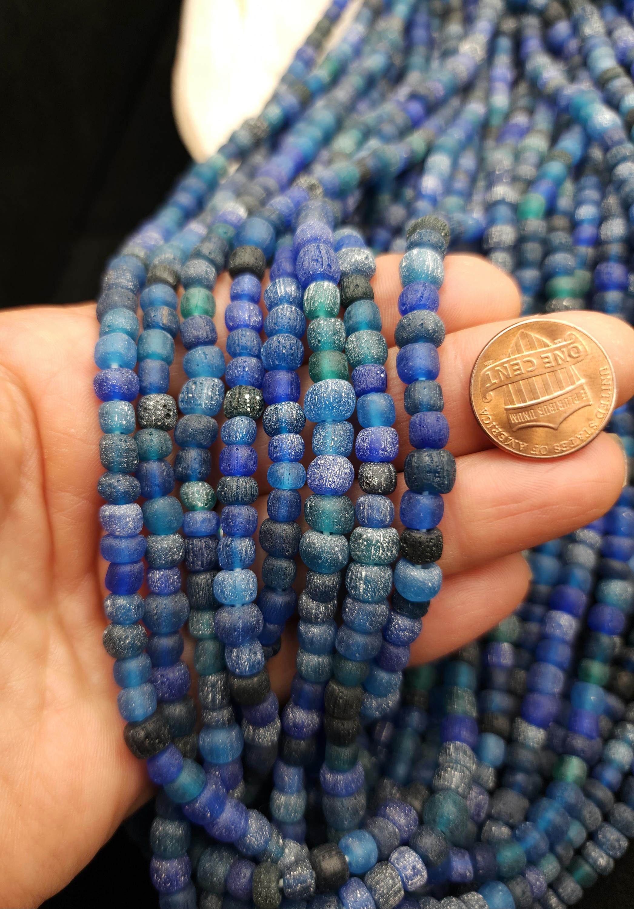 Ethnic Rustic Glass Beads from Indonesia 5-7×4-6mm Strand 23-24" [132-138 Beads], Blue, Black & Green Handmade Beads, Craft Jewelry DIY.
