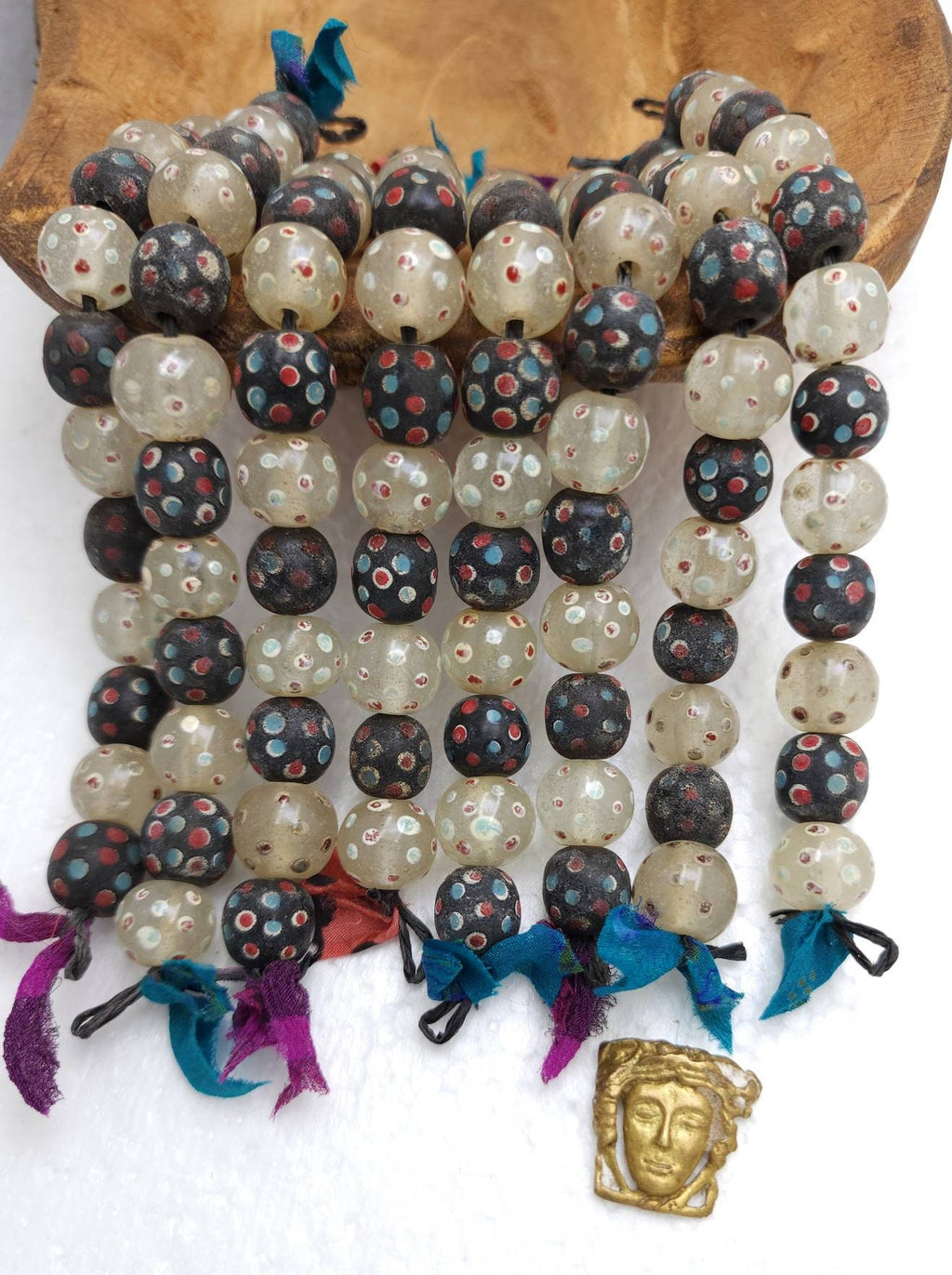 Old Eye Glass Beads Strand Of 12 Beads 12-14mm Big Hole / Vintage Beads / Indonesian / Venetian / Jewelry Making Supplies, Craft.