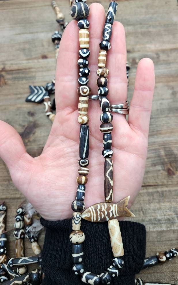 Beautiful Wide Variety Bone Beads Strand 14" Inches Long / Hand Carved Beads / Bone Beads Pendants / Tube / Round Etc / Jewelry Supplies