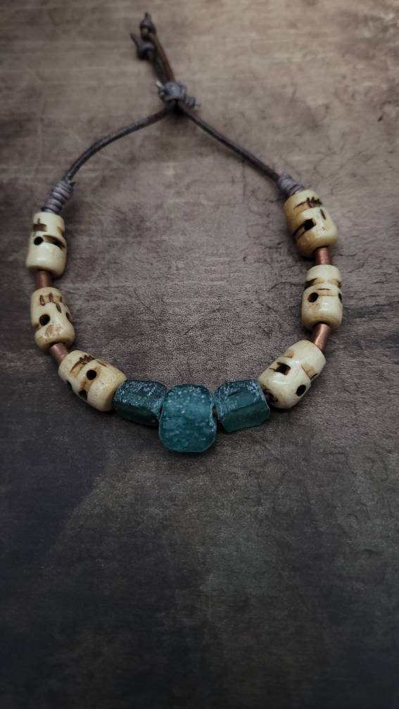 Beautiful Authentic Leather Bracelet / Authentic Turquoise / Roman Glass / Skull Bone.