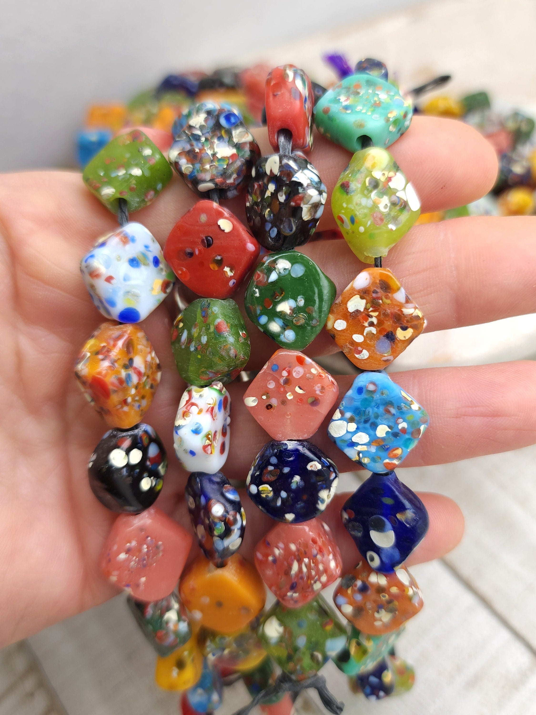 Square Mosaic Glass Beads / Strand With 12 Beads15-17mm / Thailand Beads / Indonesia / Lampwork Beads / Jewelery Making Supplies.