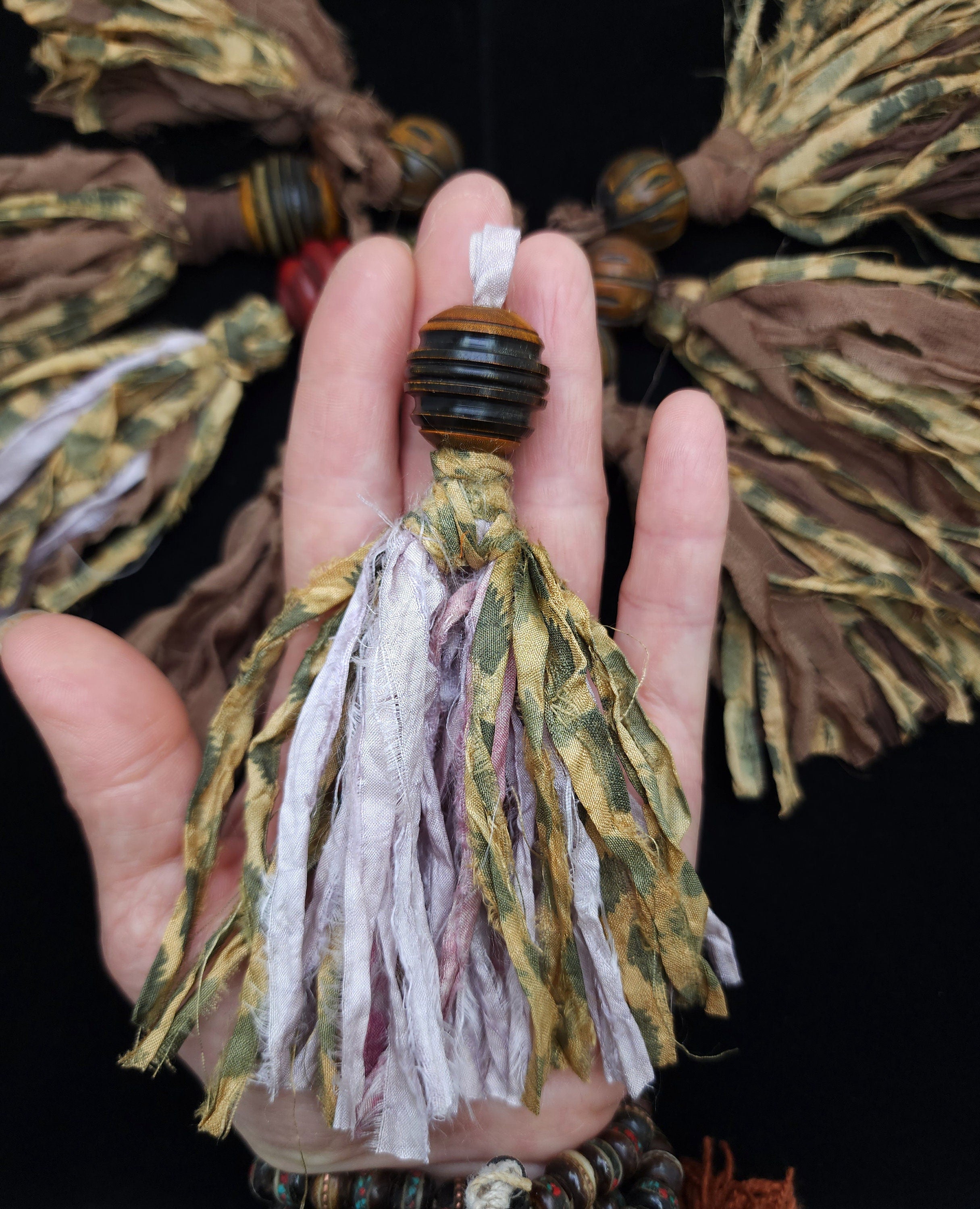 Silk Sari Tassel for Mala Beads - Unique Mala Necklace Tassel - Fair Trade Sari Silk - Handmade Tassels - Horn Bead - Jewelry Supplies