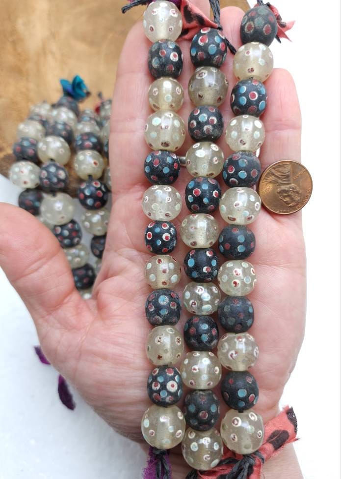 Old Eye Glass Beads Strand Of 12 Beads 12-14mm Big Hole / Vintage Beads / Indonesian / Venetian / Jewelry Making Supplies, Craft.