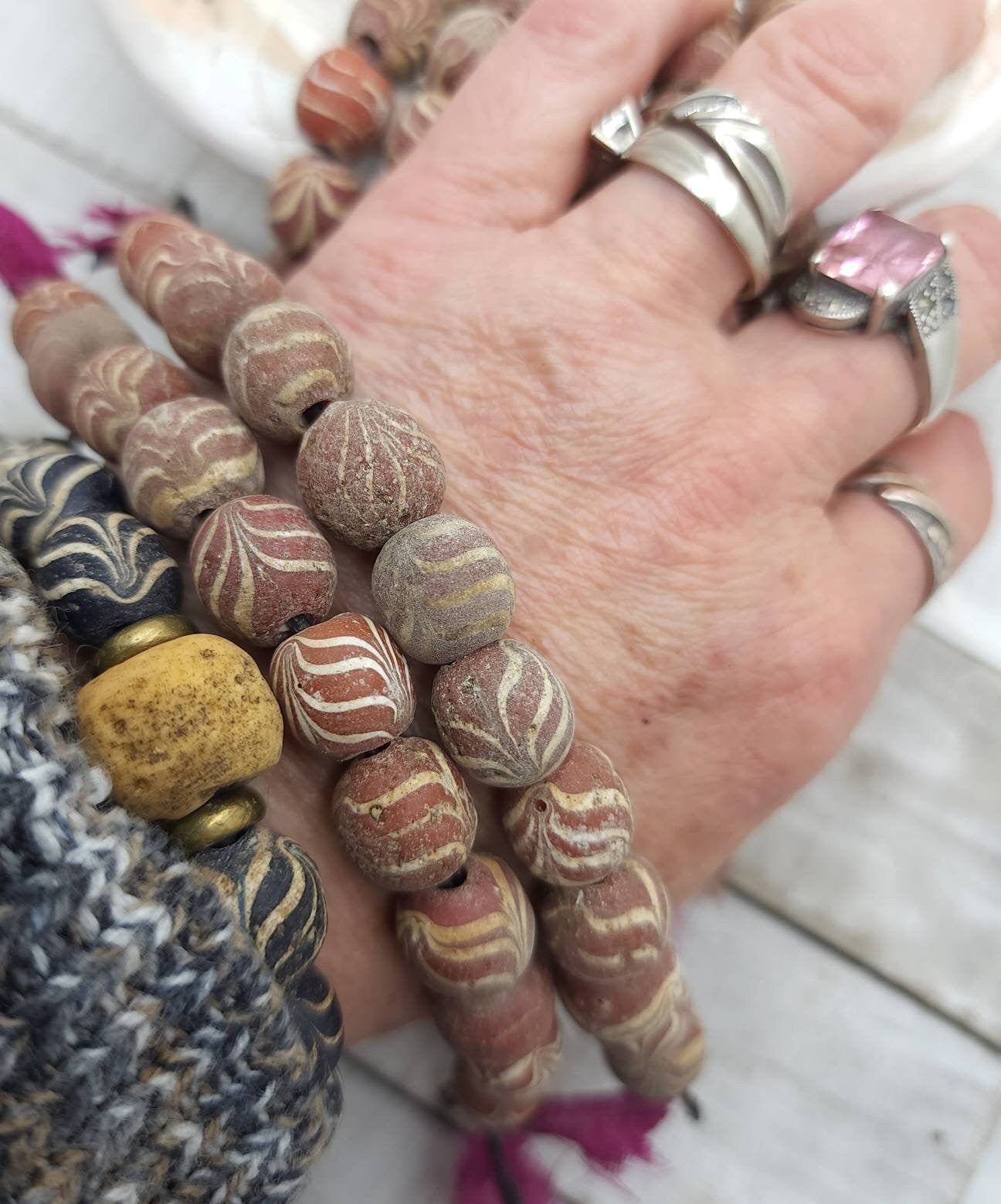 Feather Glass Beads, Authentic 90's Vintage,  Ethnic, Strand 12 Beads Choose Dusty Rose or O Variable Blues  12mm, Jewelry Making Supplies