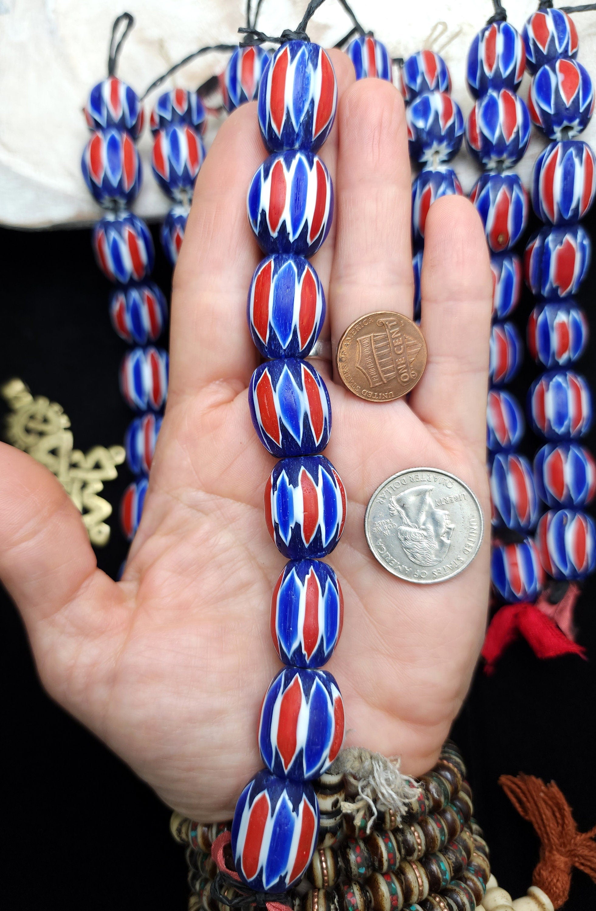 Large Chevron Beads, Strand With 8 Beads Blue, White And Red 20-21 × 15-18mm, Chevron Glass Beads, Tribal, Ethnic, Jewelry Making Supplies.