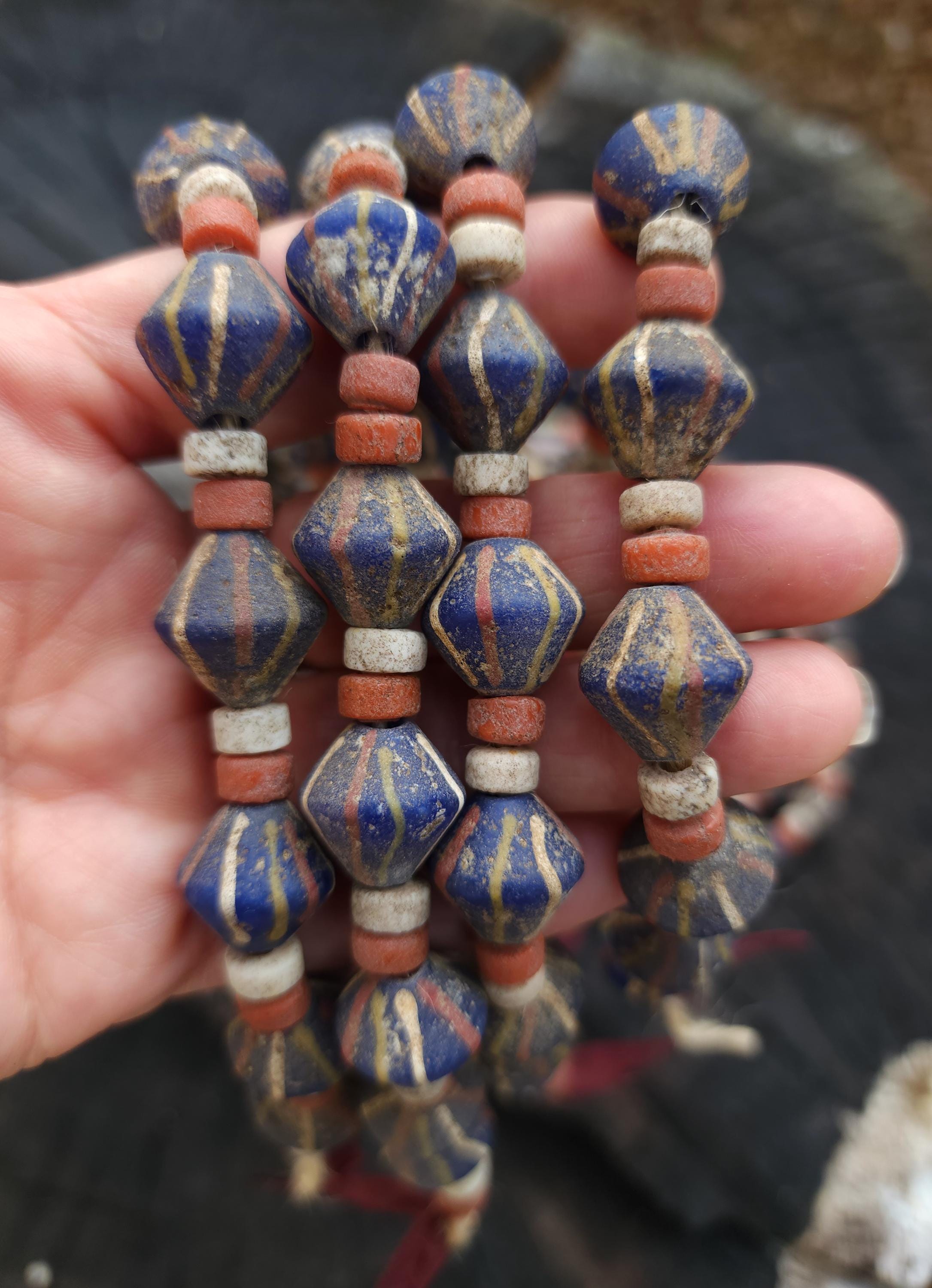 Blue Bicone Glass Beads, Strand 14-15mm, Beads With Antique Accent, Rustic, Indonesian, Jewelry Making Supplies, Craft.