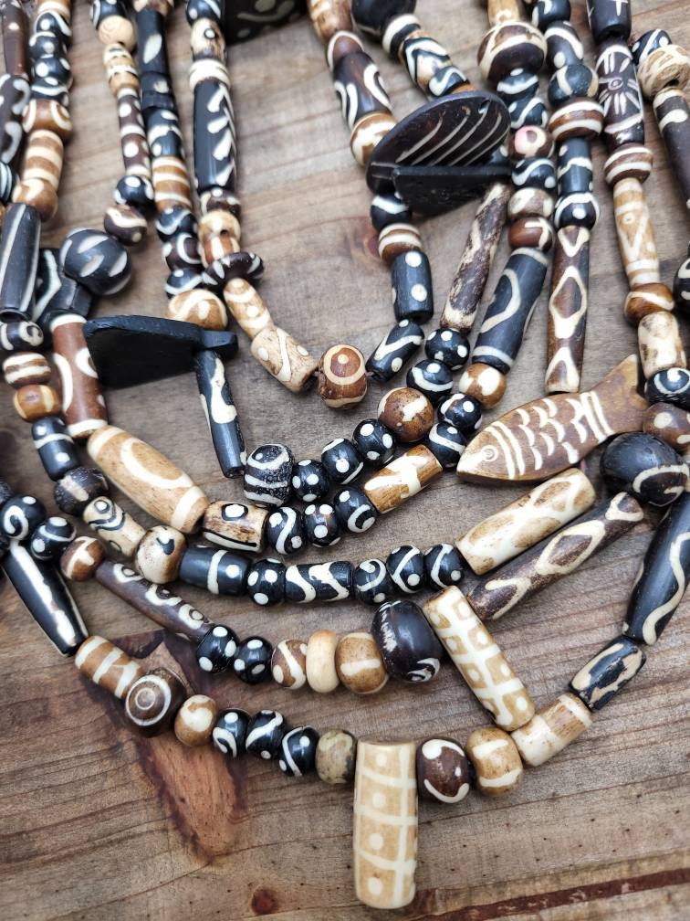 Beautiful Wide Variety Bone Beads Strand 14" Inches Long / Hand Carved Beads / Bone Beads Pendants / Tube / Round Etc / Jewelry Supplies