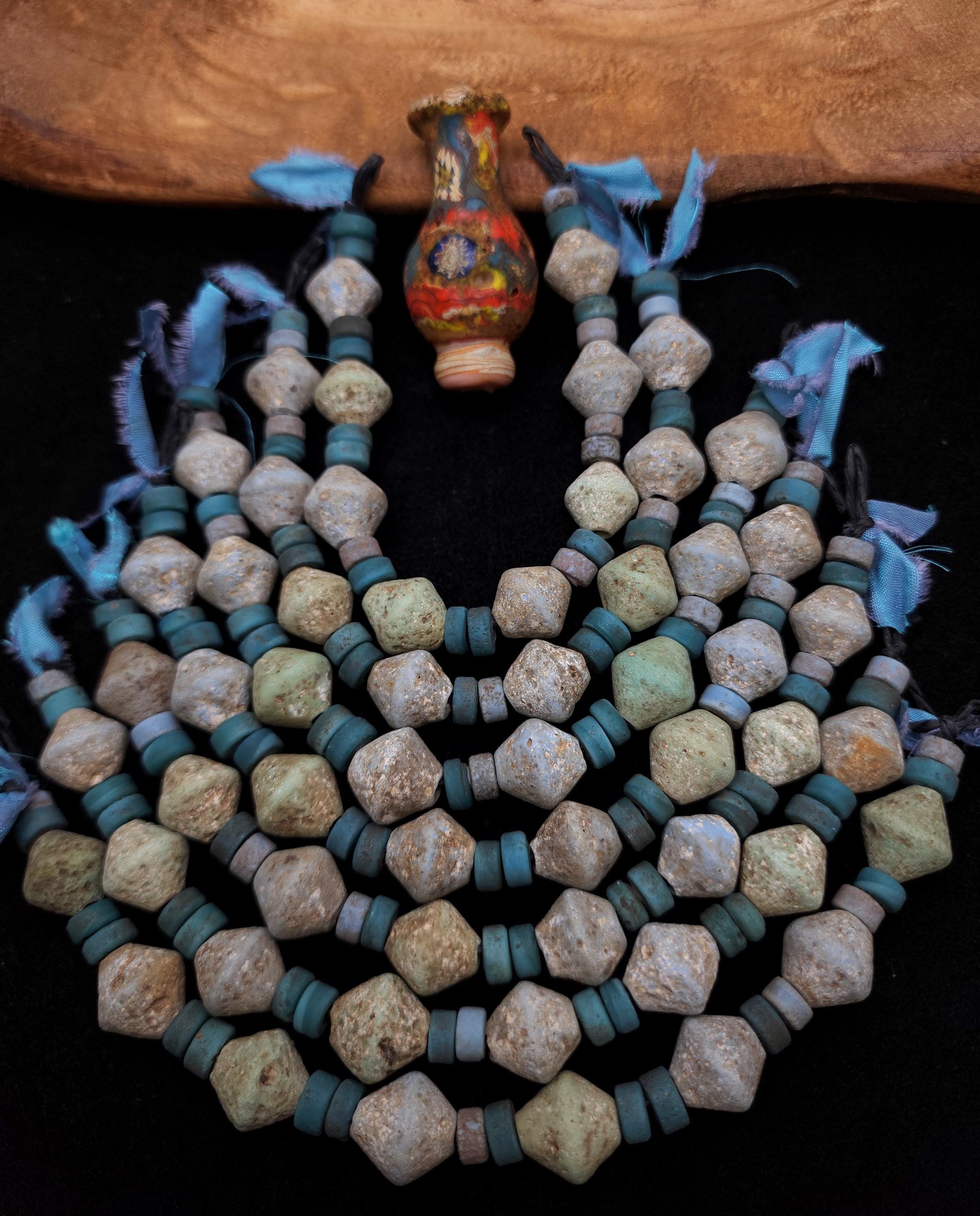 Old Bicone Glass Beads From Thailand, Rustic and Vintage Accent, Supplies to Make Jewelry, Strand With 25 Blue And Green Beads 8-15mm.
