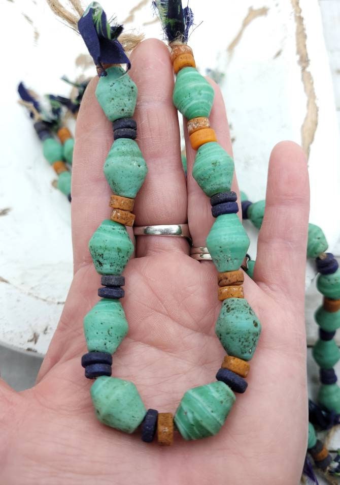 Turquoise Antique Rustic Looking Java Glass Beads Strand 10" 16-18mm x 13mm/Jewelry Supplies / Indones Beads / Lampwork Beads.