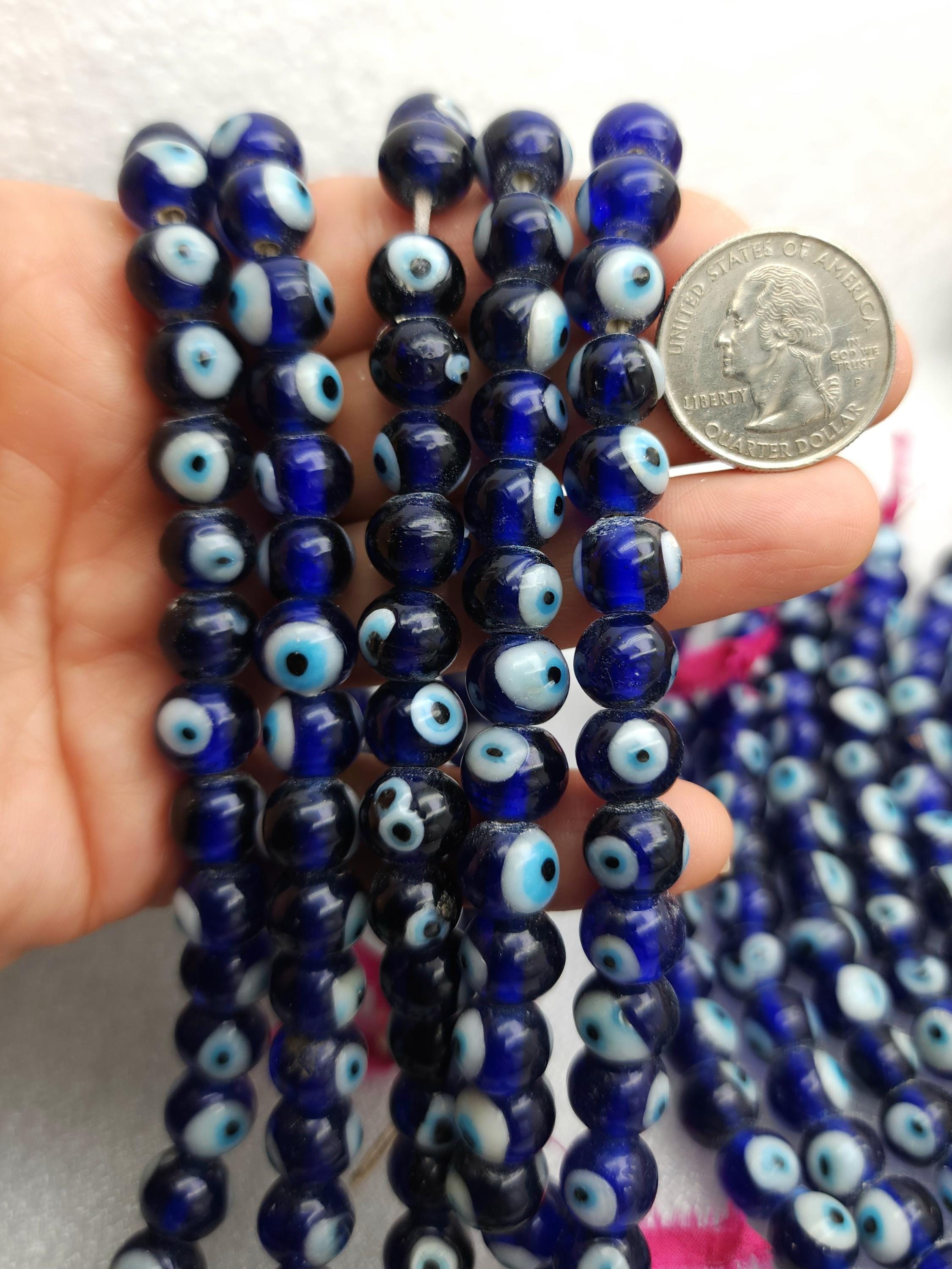 Evil Eye Glass Beads Handmade From Java Handcrafted  Strand 10" 10mm, Lampwork Beads, Blue Glass Beads, Jewelry Making Supplies, Craft.