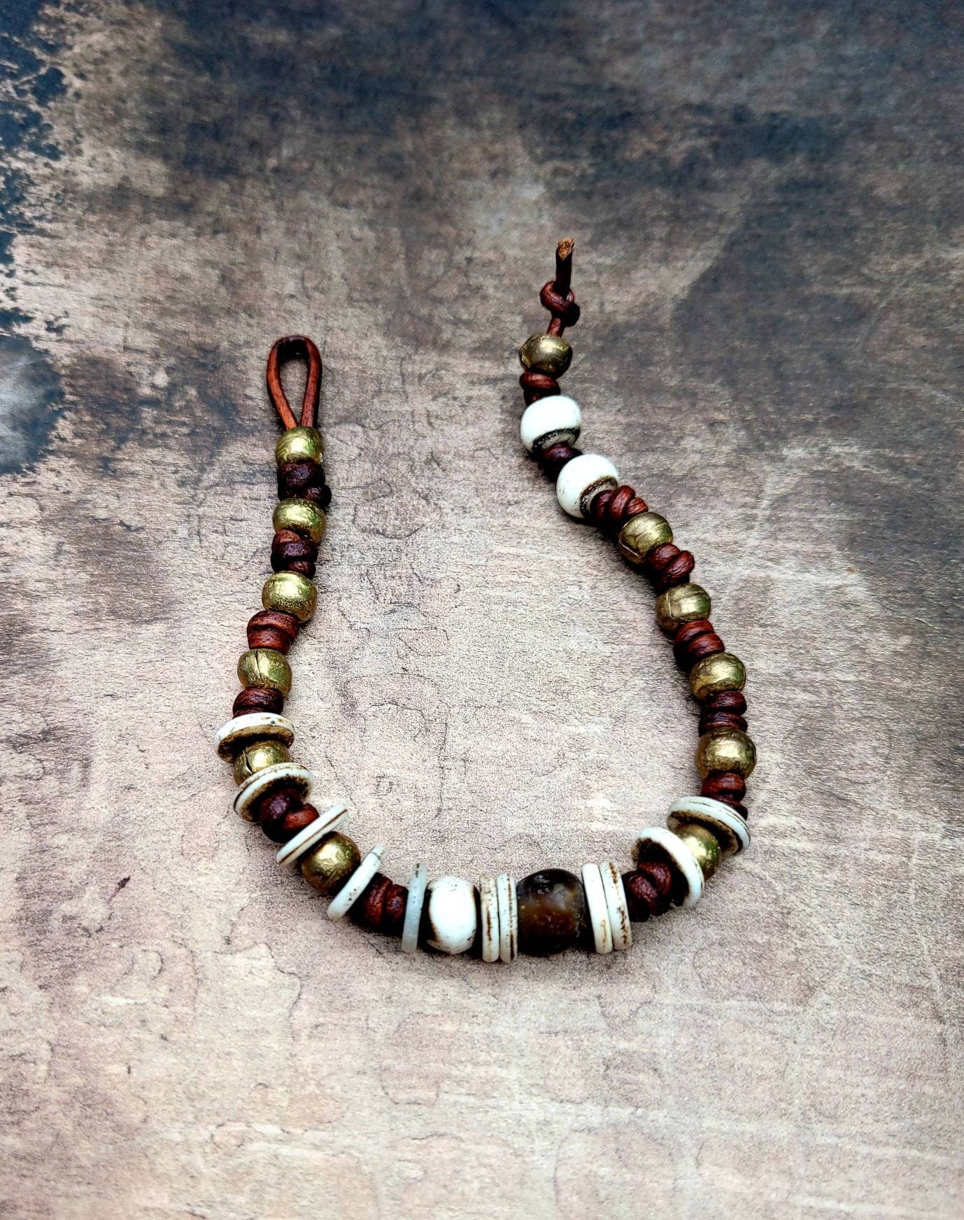 Ethnic leather bracelet, hippie, leather, african beads, bone, brass,exotic,rustic style.