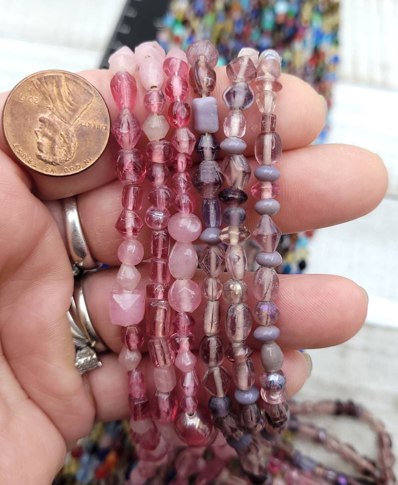 Lot Of 3 Strands 34-36" Inches Each Strand / Glass Beads / Pink / Lilac / Multicolor / Jewelry Supplies / Rosary.