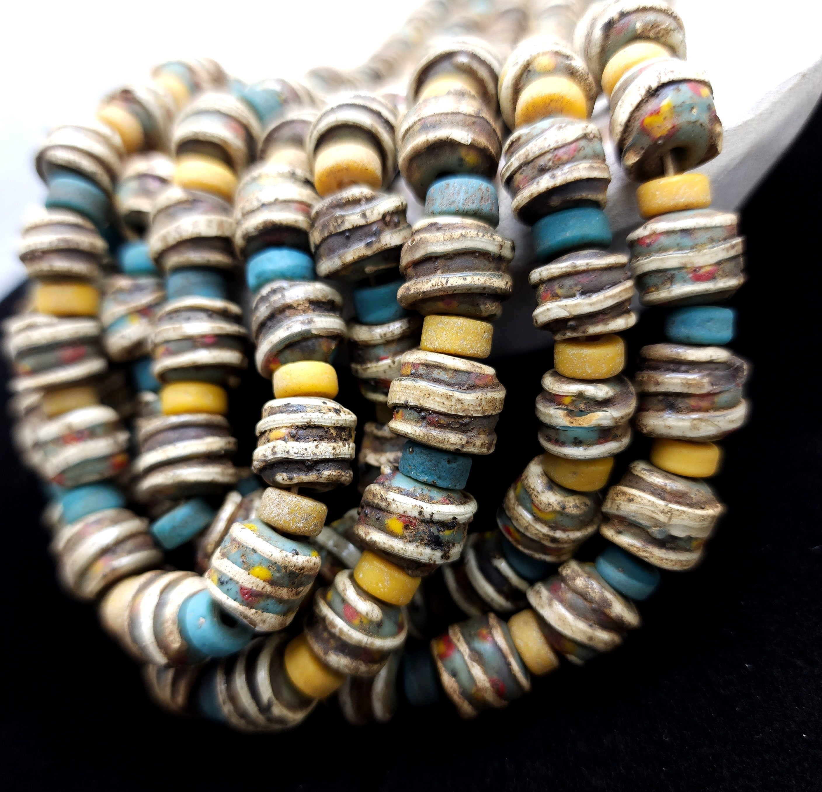 Rustic Accent Glass Charms With Earthy Blue Coffee Colors Made In Indonesia Java / Strand With 10 Beads 10-11mm / Jewelry Supplies