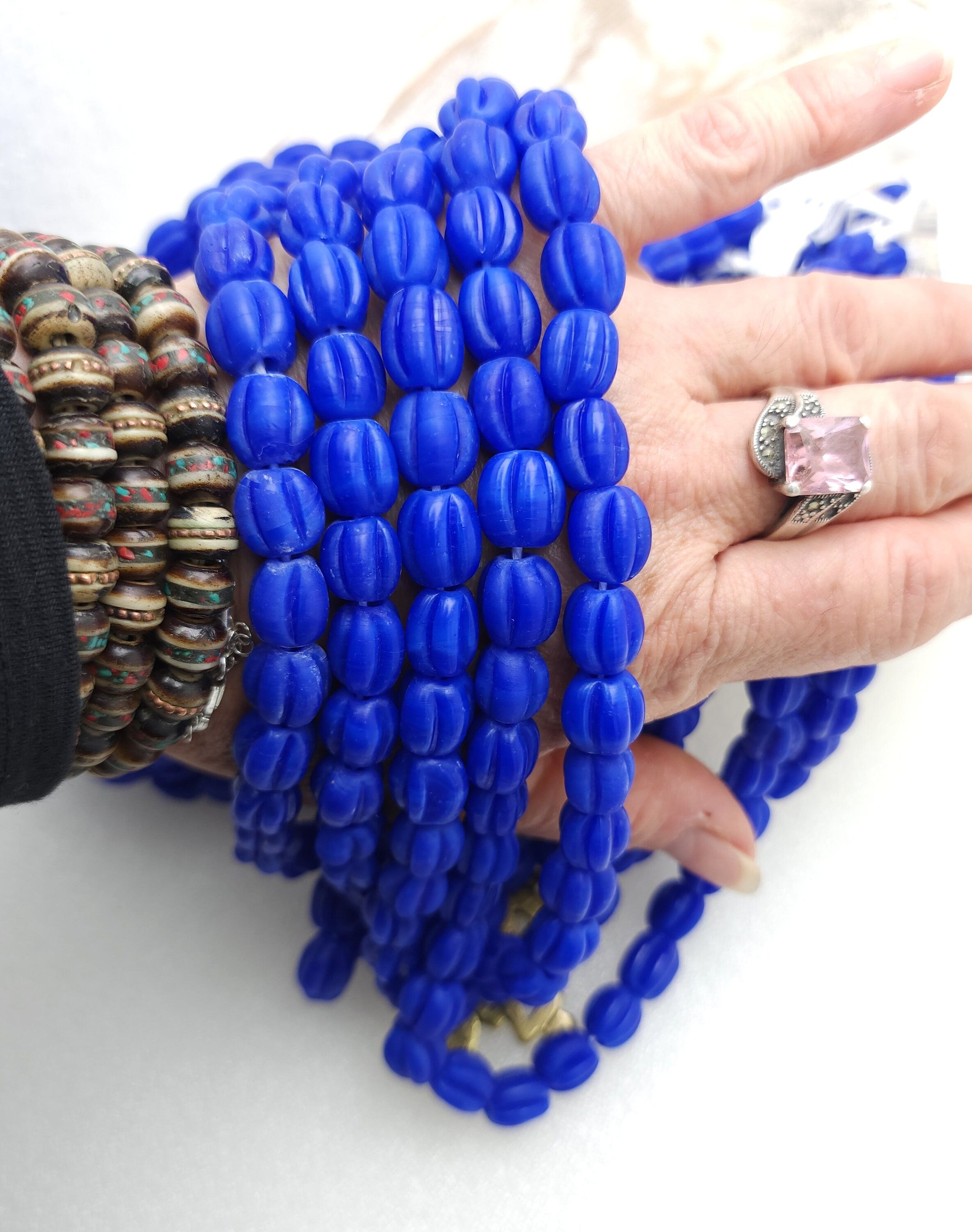 Blue King Pumpkin Shaped Beads 10-11mm [12 Beads], Jewelry Supplies, Boho, Hippie, Tribal, Lampwork Beads, Indonesian, Java.