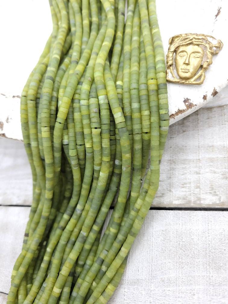 Serpentine Lemon Green Natural Jade Heishi Beads / Cylinder Heishi Beads From Afghanistan / 4 x 2-3mm Strand 15" / Jewelry Making Supplies.