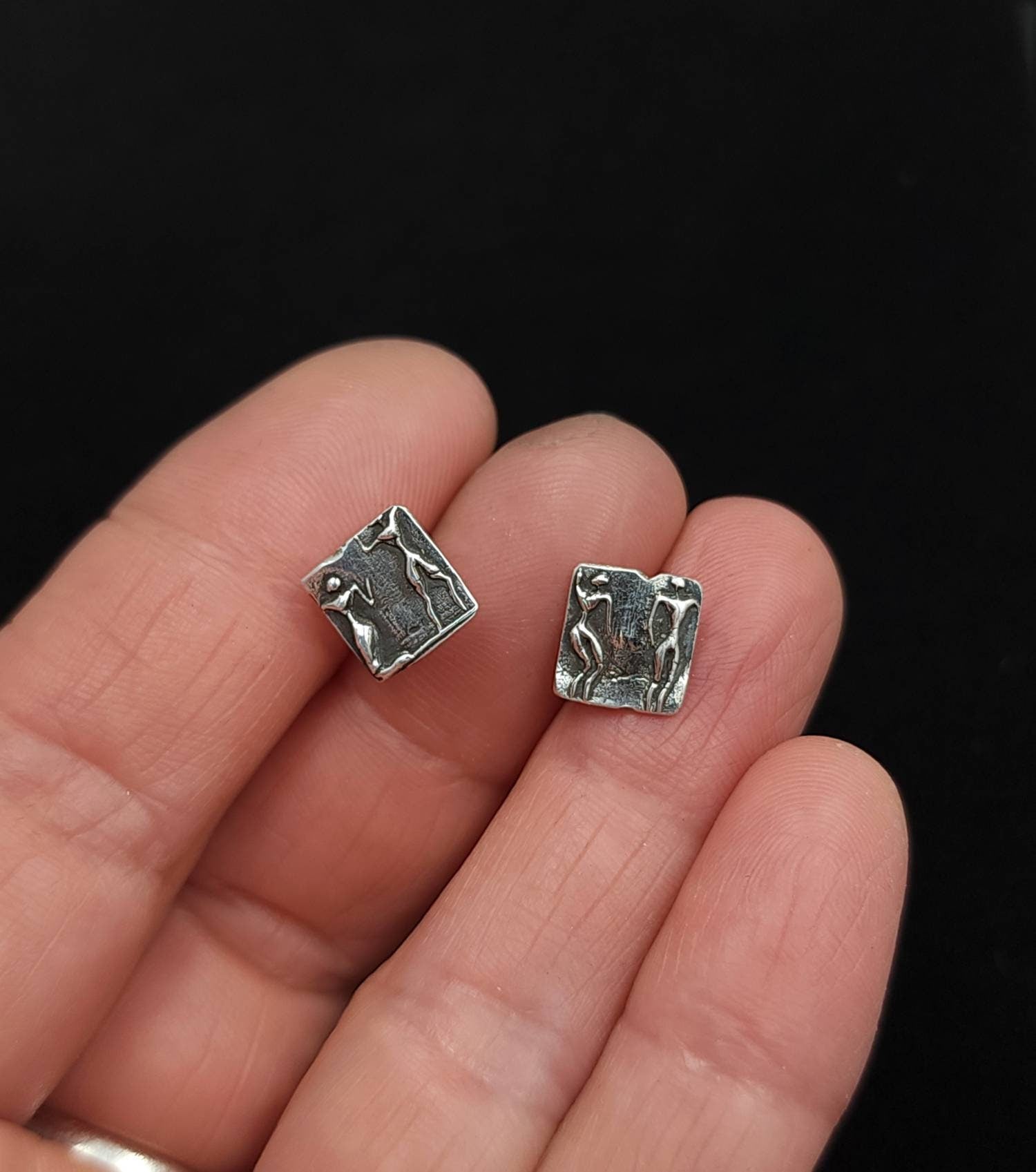 Small Earrings With Human Images Of Our Ancestors One Of A Kind .999% Pure Silver / Gift for someone special / Vintage Accent Earrings.
