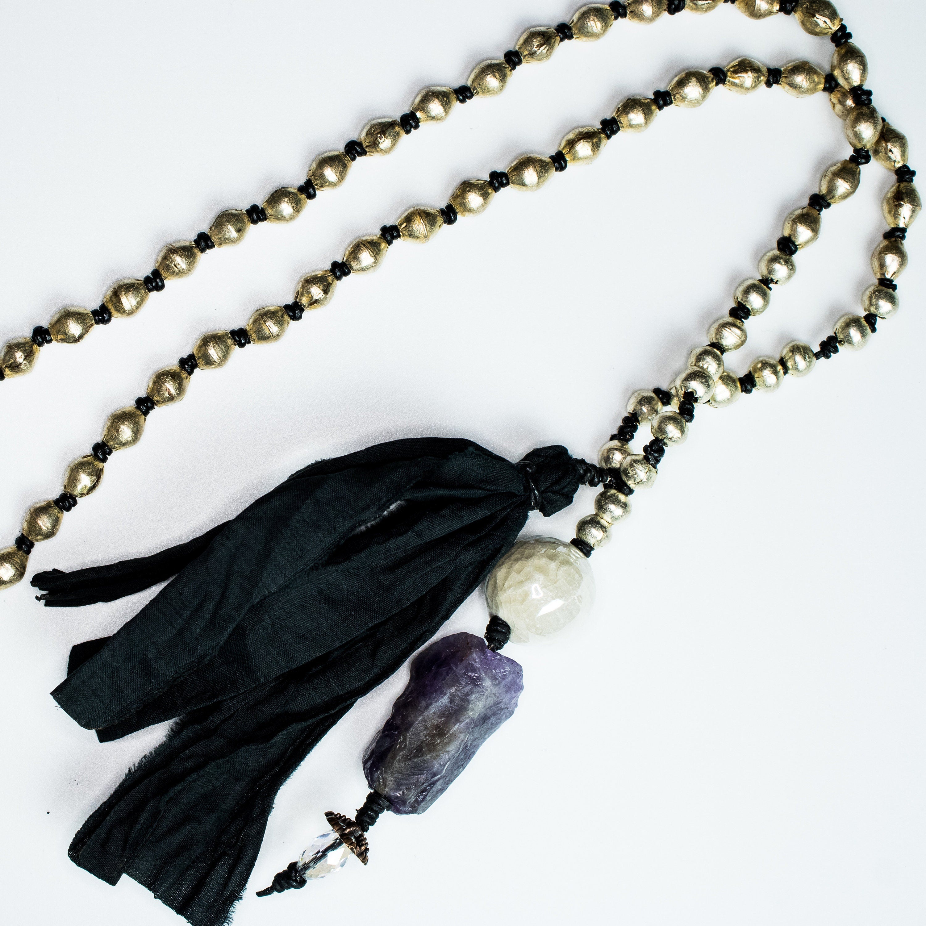 Moons | Amethyst | Ceramic | Ethiopian Metal | Sari Silk | Swarovski Crystal | Leather