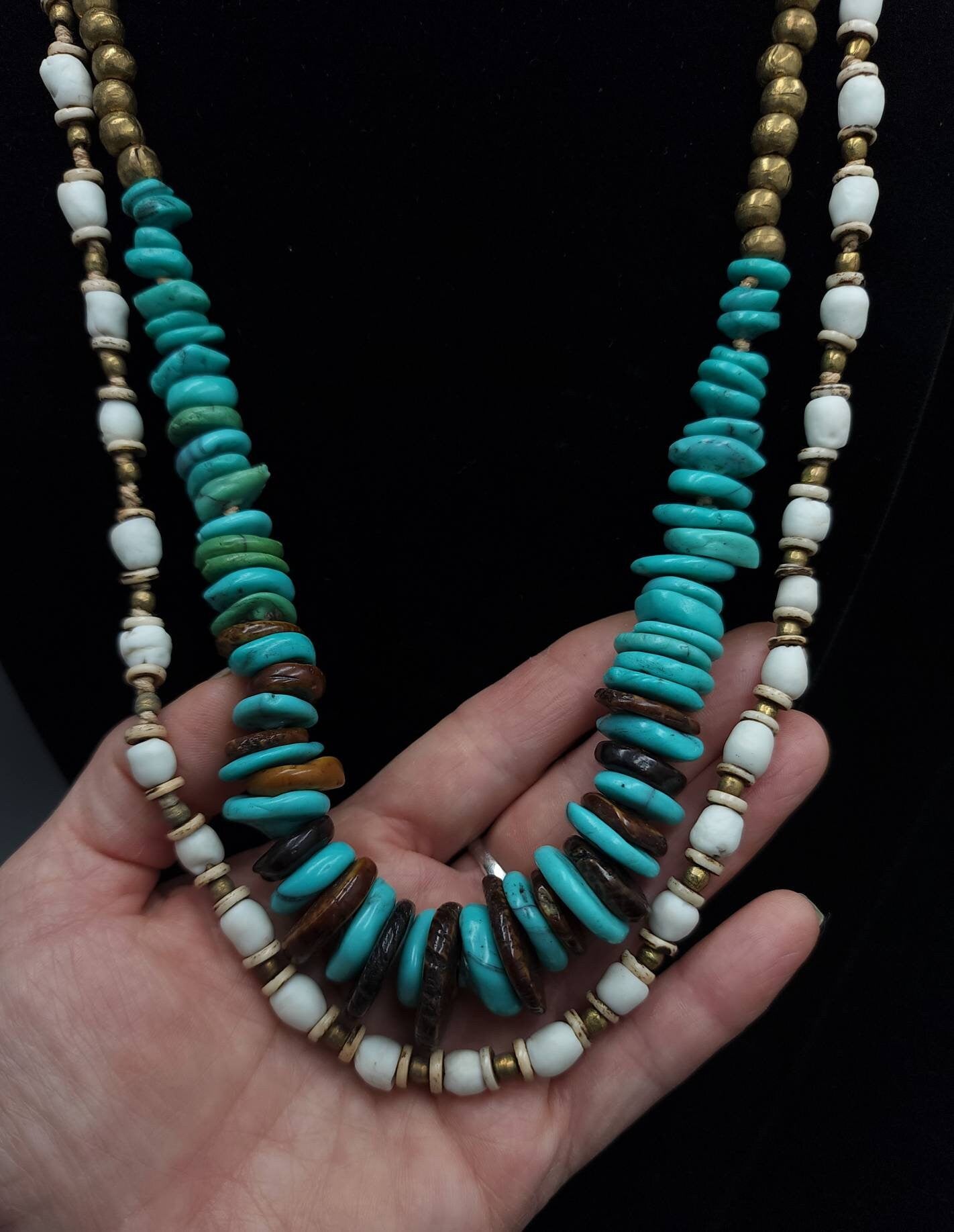 Beautiful Double Necklace With Synthetic Turquoises, African Brass Beads, Corded Genuine Leather / Necklace Length 14.5" With Option +.