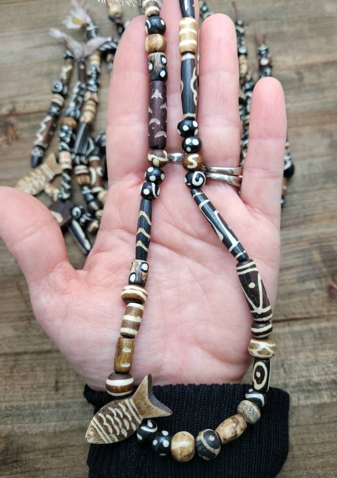 Beautiful Wide Variety Bone Beads Strand 14" Inches Long / Hand Carved Beads / Bone Beads Pendants / Tube / Round Etc / Jewelry Supplies